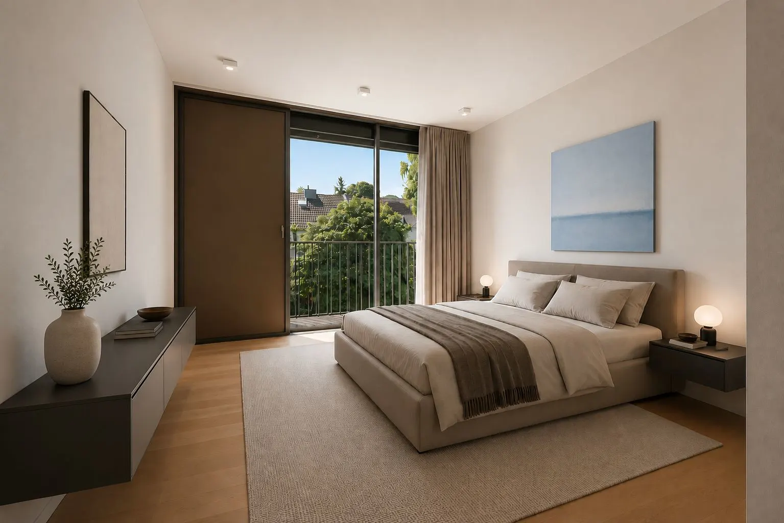 Helles Schlafzimmer mit Doppelbett, großem Fenster, Teppich und minimalistischer Einrichtung.