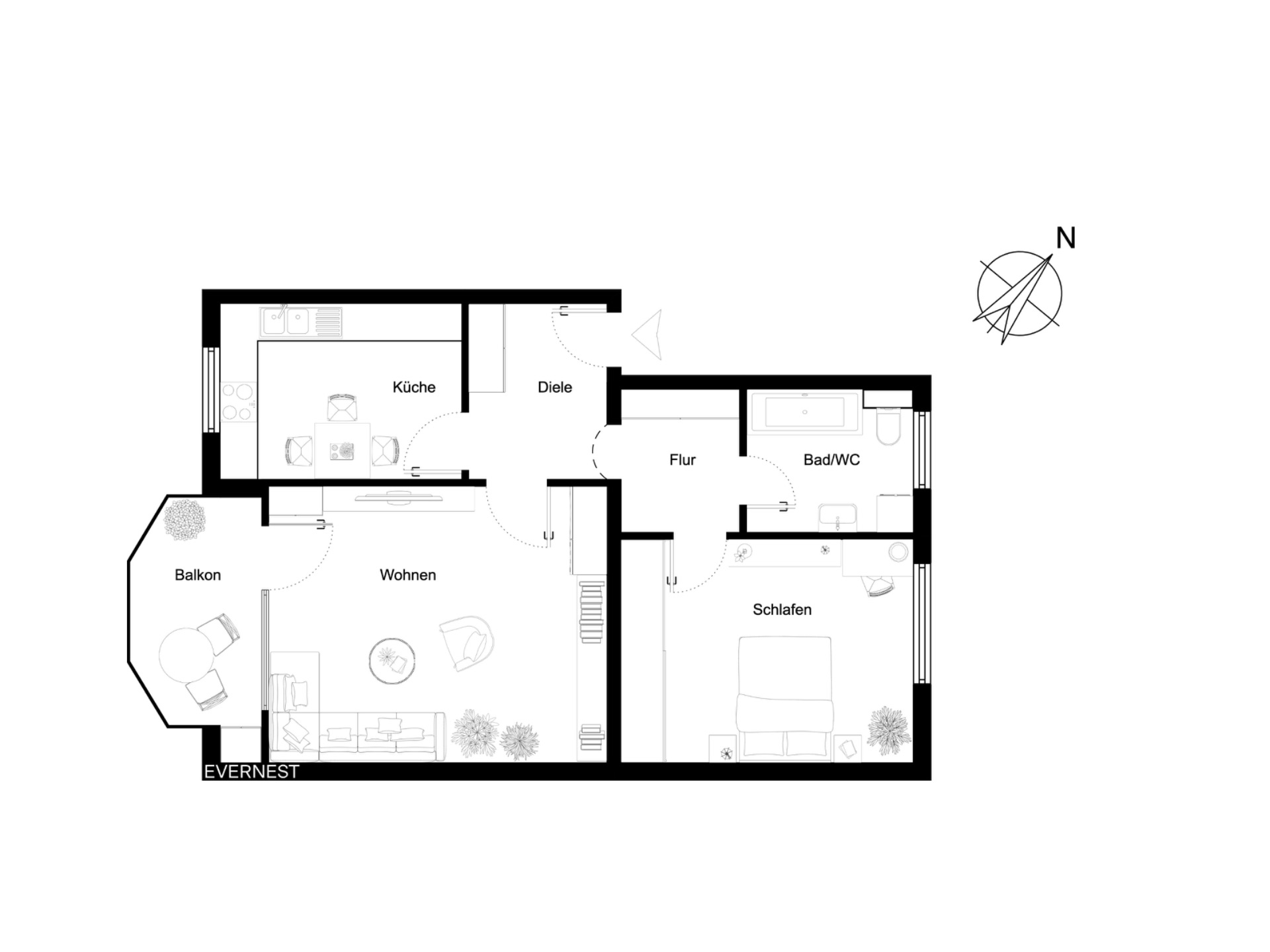 Grundriss einer Wohnung mit Küche, Wohnzimmer, Schlafzimmer, Bad, Flur und Balkon.