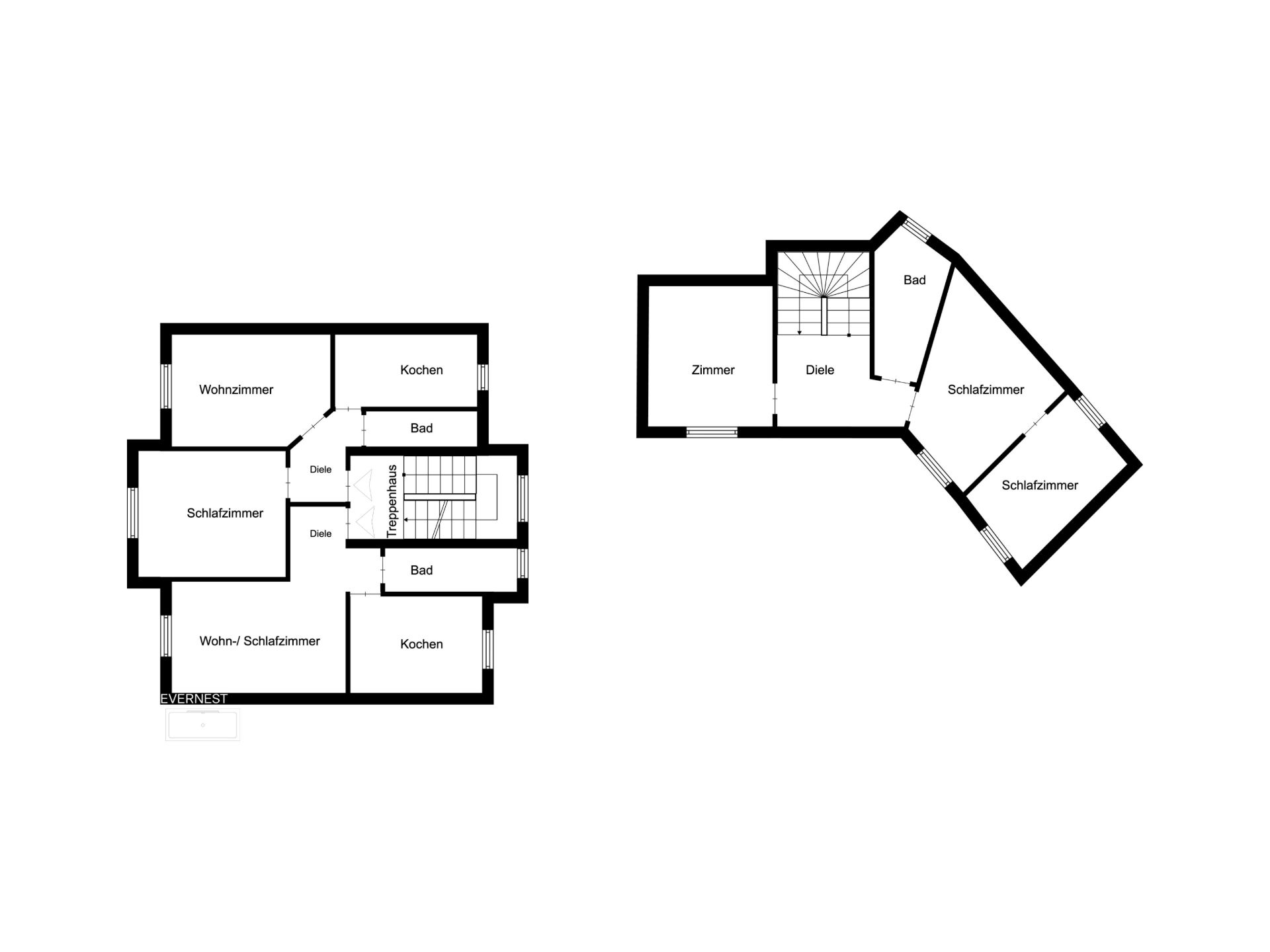 Grundriss mit mehreren Zimmern, Küchen, Bädern und Treppenhaus auf zwei Etagen.