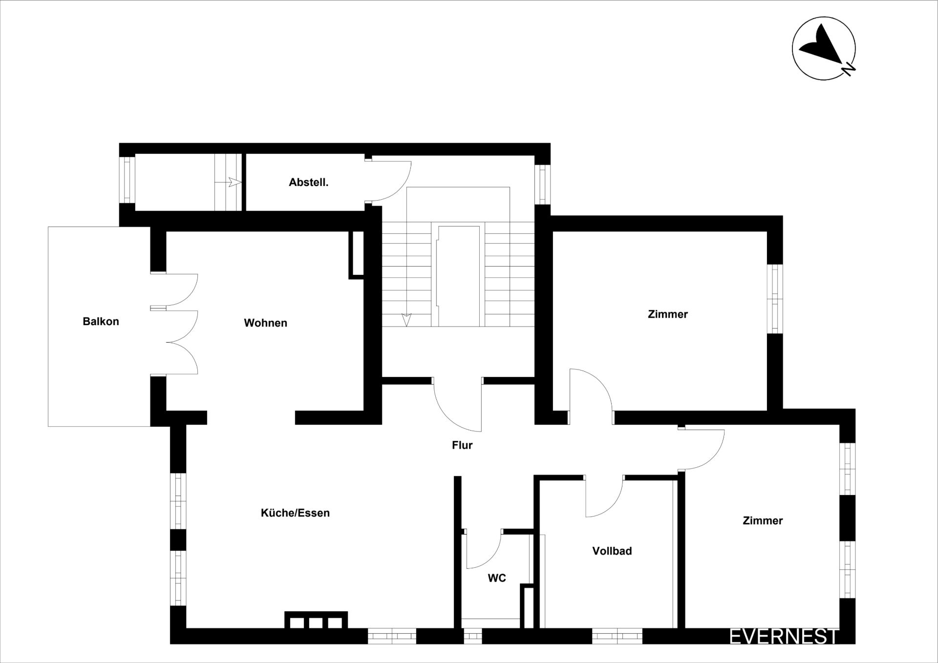 Grundriss einer Wohnung mit Balkon, Wohnzimmer, zwei Zimmern, Küche, Bad und Flur.