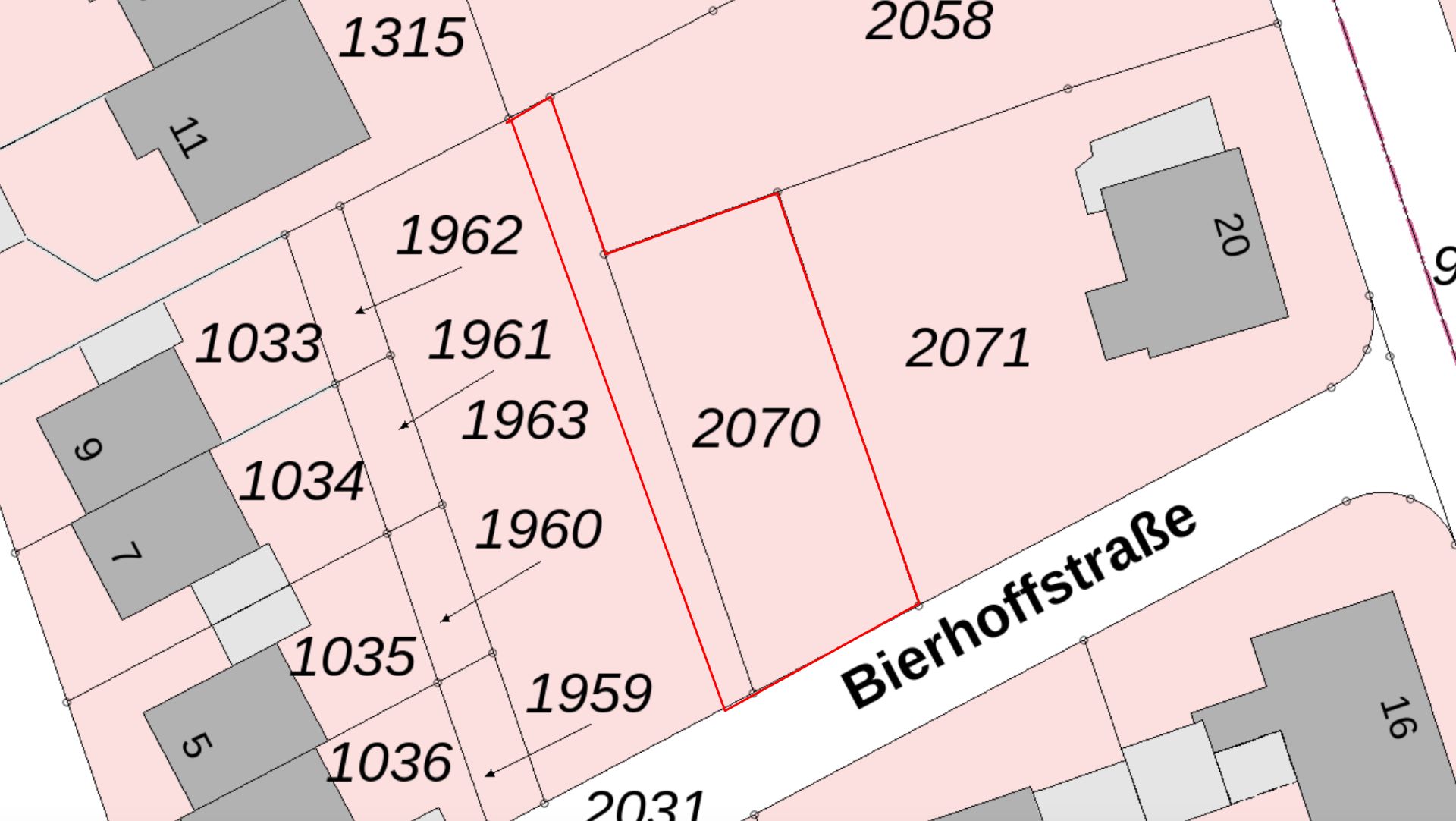 Auszug eines Lageplans mit Grundstücken, Hausumrissen und Straßennamen Bierhoffstraße.