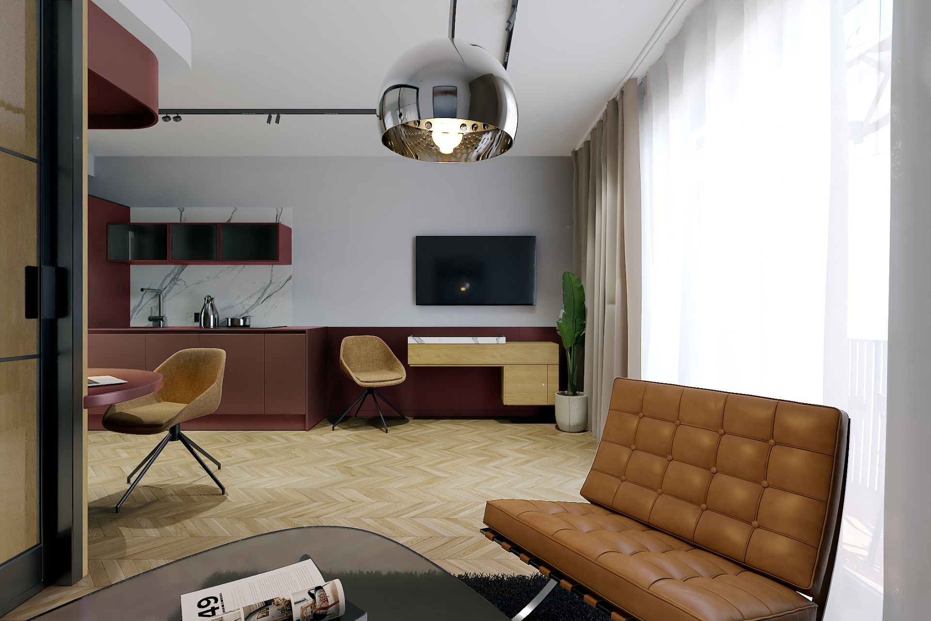 Modernes Wohnzimmer mit braunem Sofa, Küchenecke und großem Fenster mit Vorhängen.
