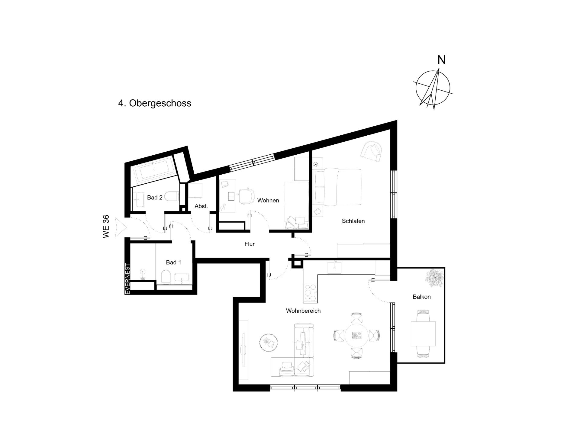 Grundriss einer Wohnung mit Wohnbereich, zwei Bädern, Schlafzimmer, Balkon und Flur.