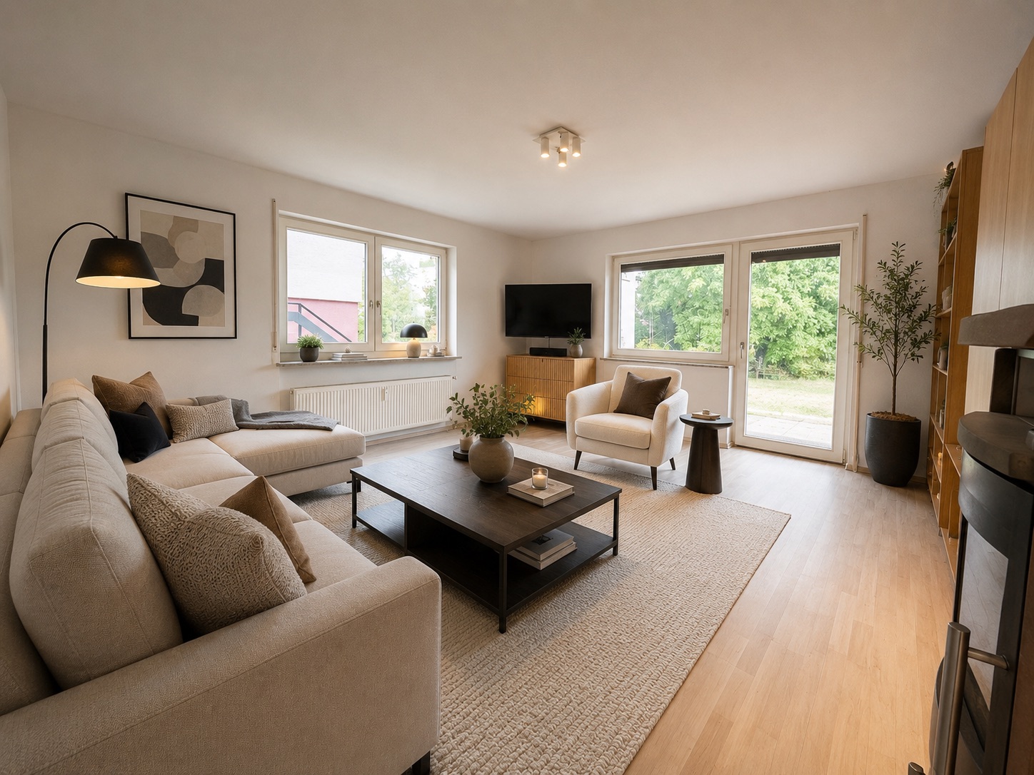 Modernes Wohnzimmer mit großem Sofa, Sessel, Couchtisch und Blick ins Grüne durch große Fenster.