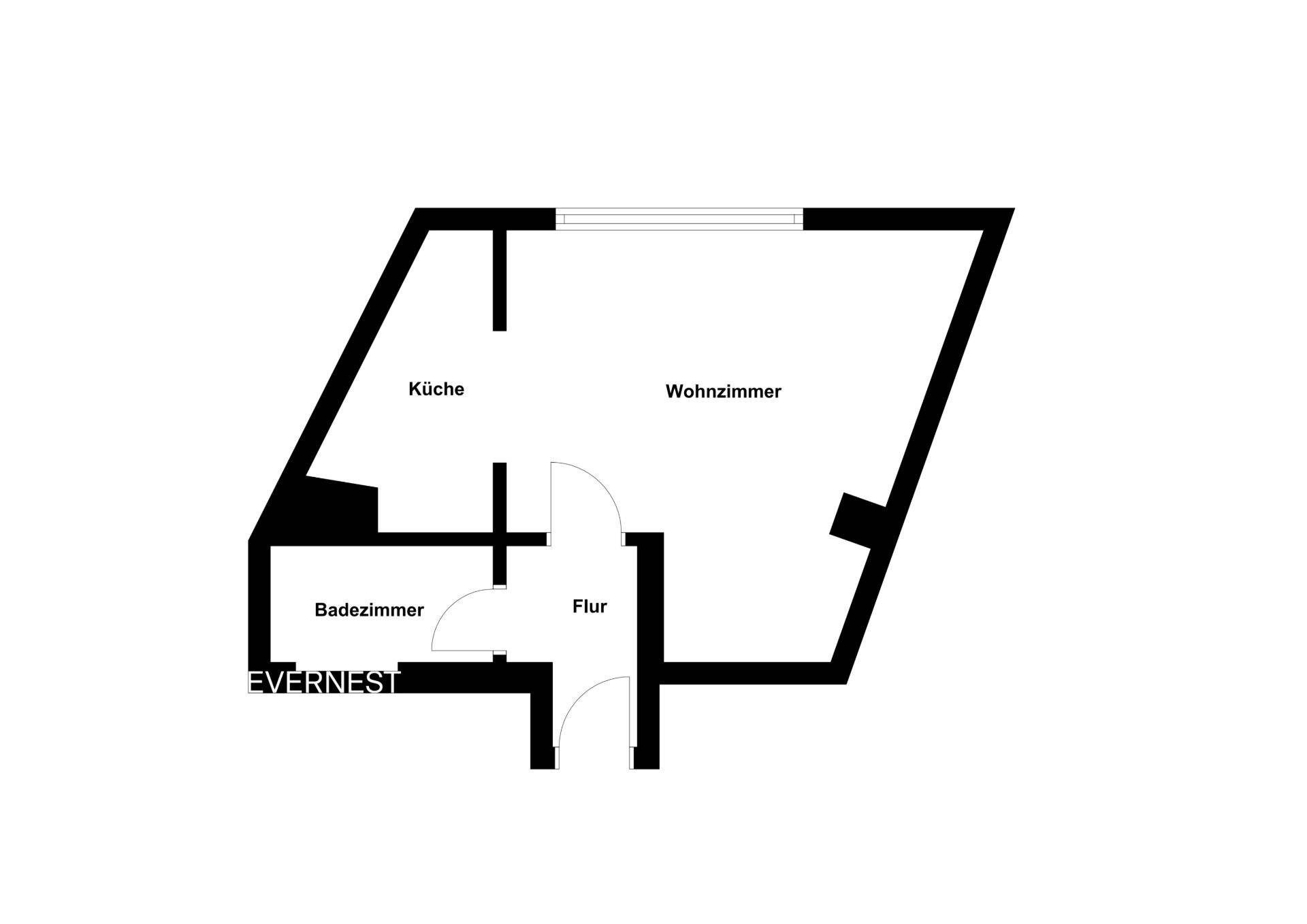 Grundriss mit Wohnzimmer, Küche, Badezimmer und Flur.