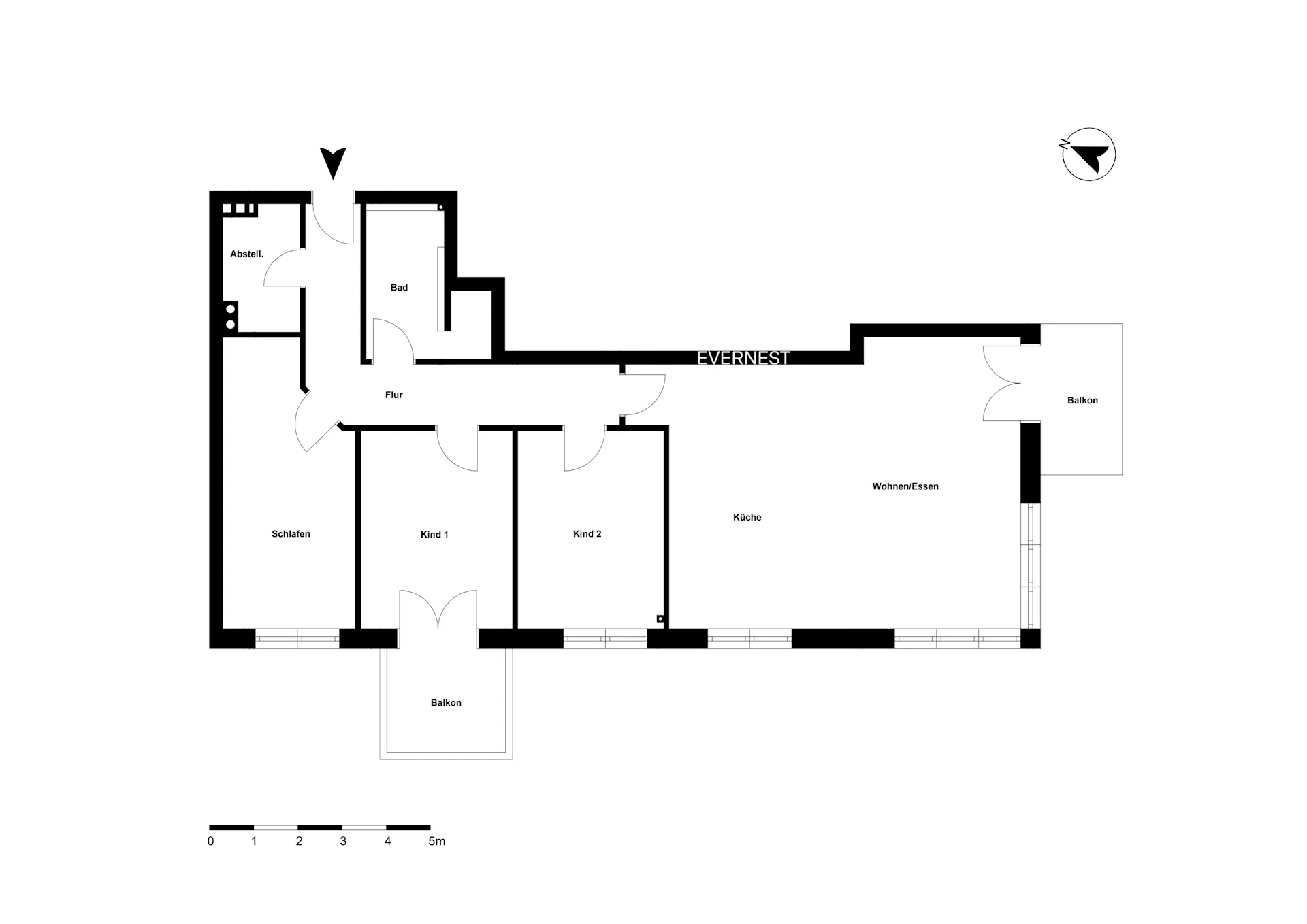 Grundriss einer Wohnung mit drei Schlafzimmern, Bad, Abstellraum, Küche, Wohnbereich und zwei Balkonen.