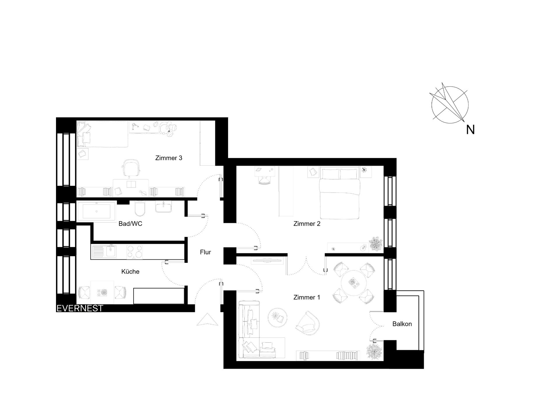 Grundriss einer Wohnung mit drei Zimmern, Küche, Bad/WC, Flur und Balkon.