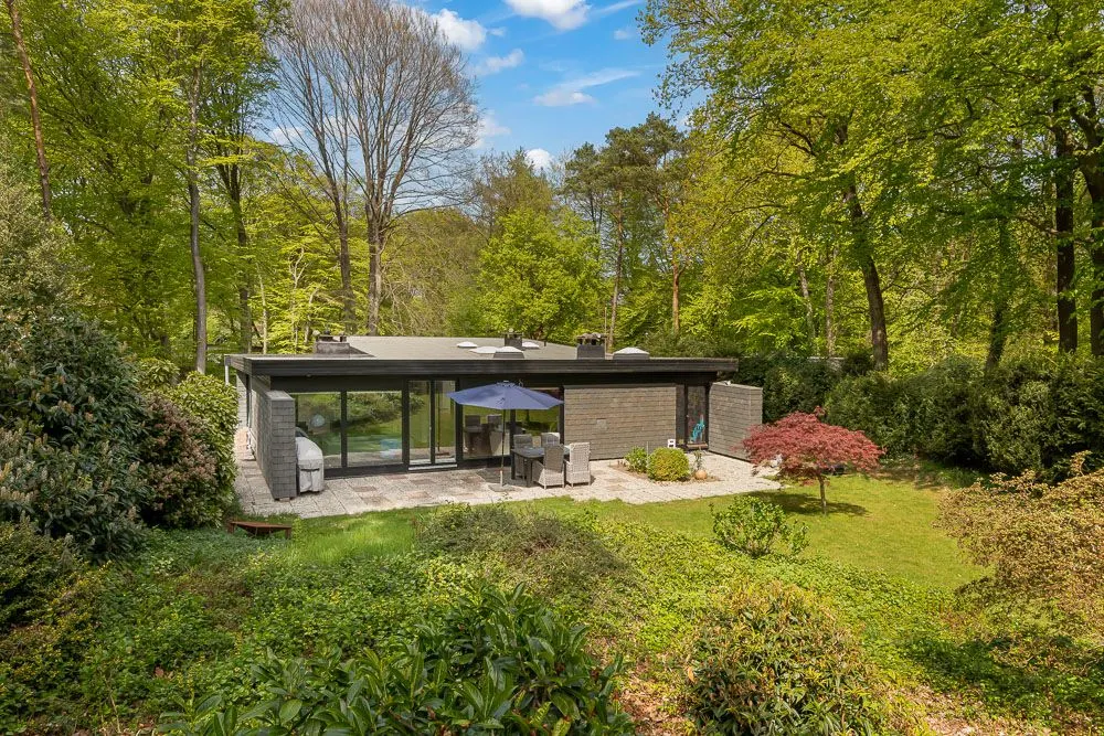 Modernes einstöckiges Haus mit Terrasse und Garten, umgeben von grünem Wald.