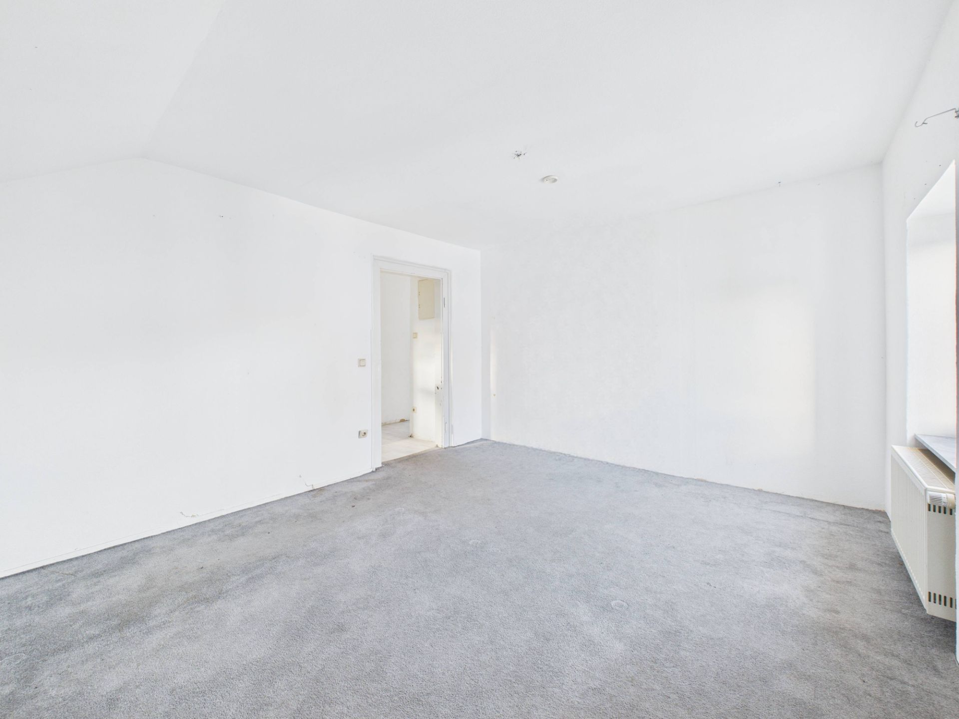 Helles, leeres Zimmer mit grauem Teppich und weiß gestrichenen Wänden, Fenster und Tür sichtbar.
