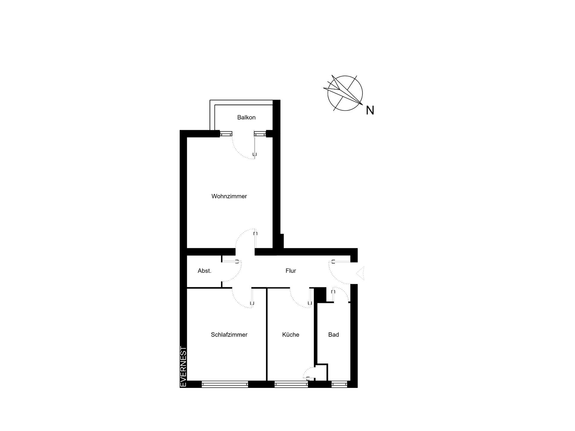 Grundriss einer Wohnung mit Wohnzimmer, Schlafzimmer, Küche, Bad, Abstellraum, Flur und Balkon.