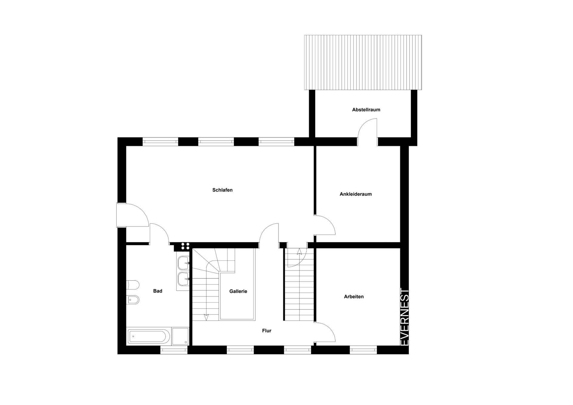 Grundriss mit Schlafzimmer, Bad, Ankleideraum, Abstellraum, Arbeitszimmer, Galerie und Flur.