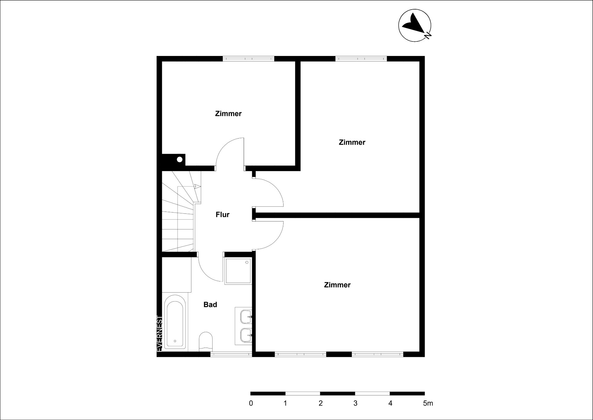 Grundriss mit drei Zimmern, Flur und Bad, sowie Treppe auf der linken Seite.