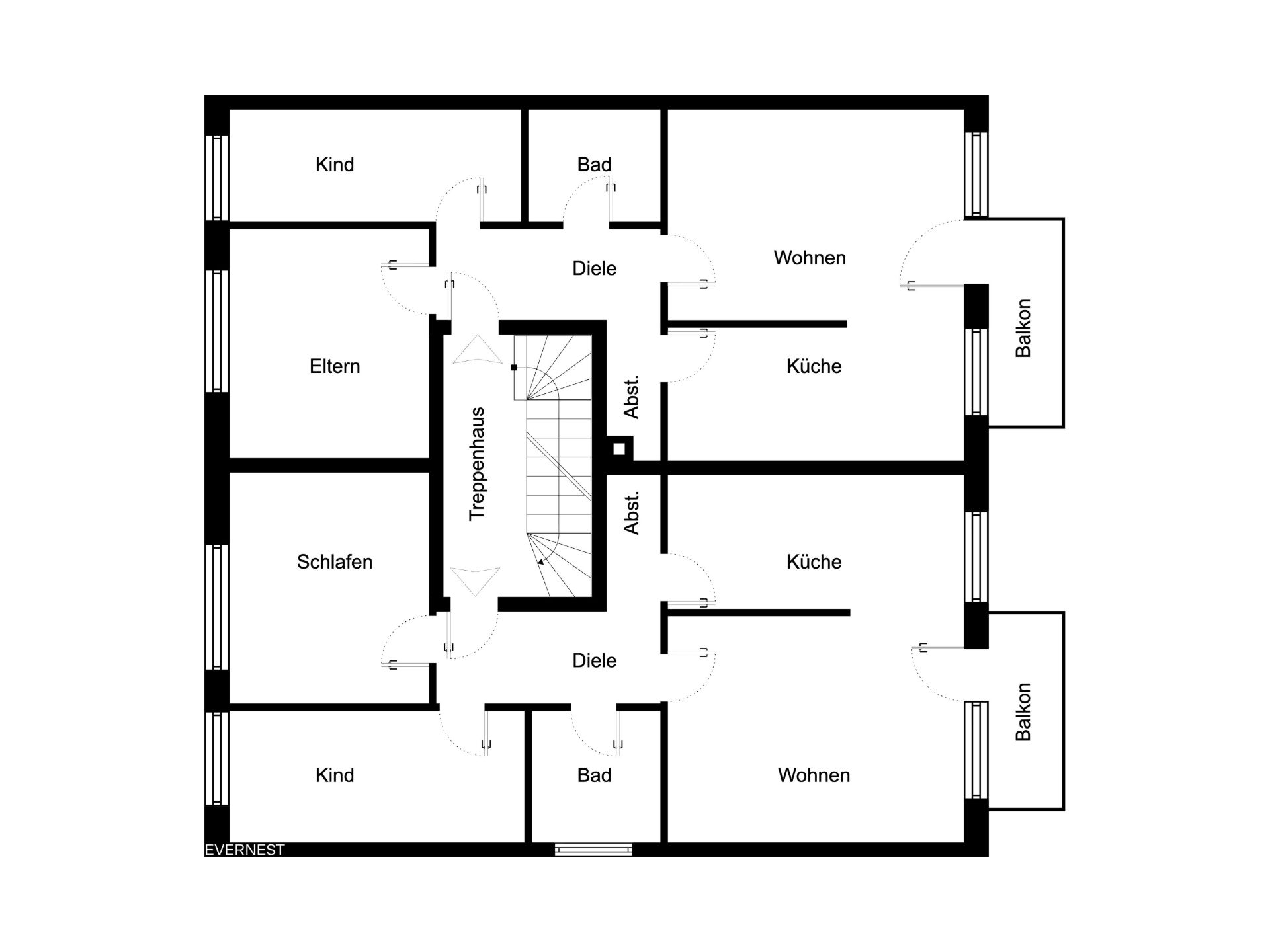 Grundriss einer Wohnung mit zwei Küchen, zwei Wohnzimmern, mehreren Schlafzimmern, Bädern und Balkonen.