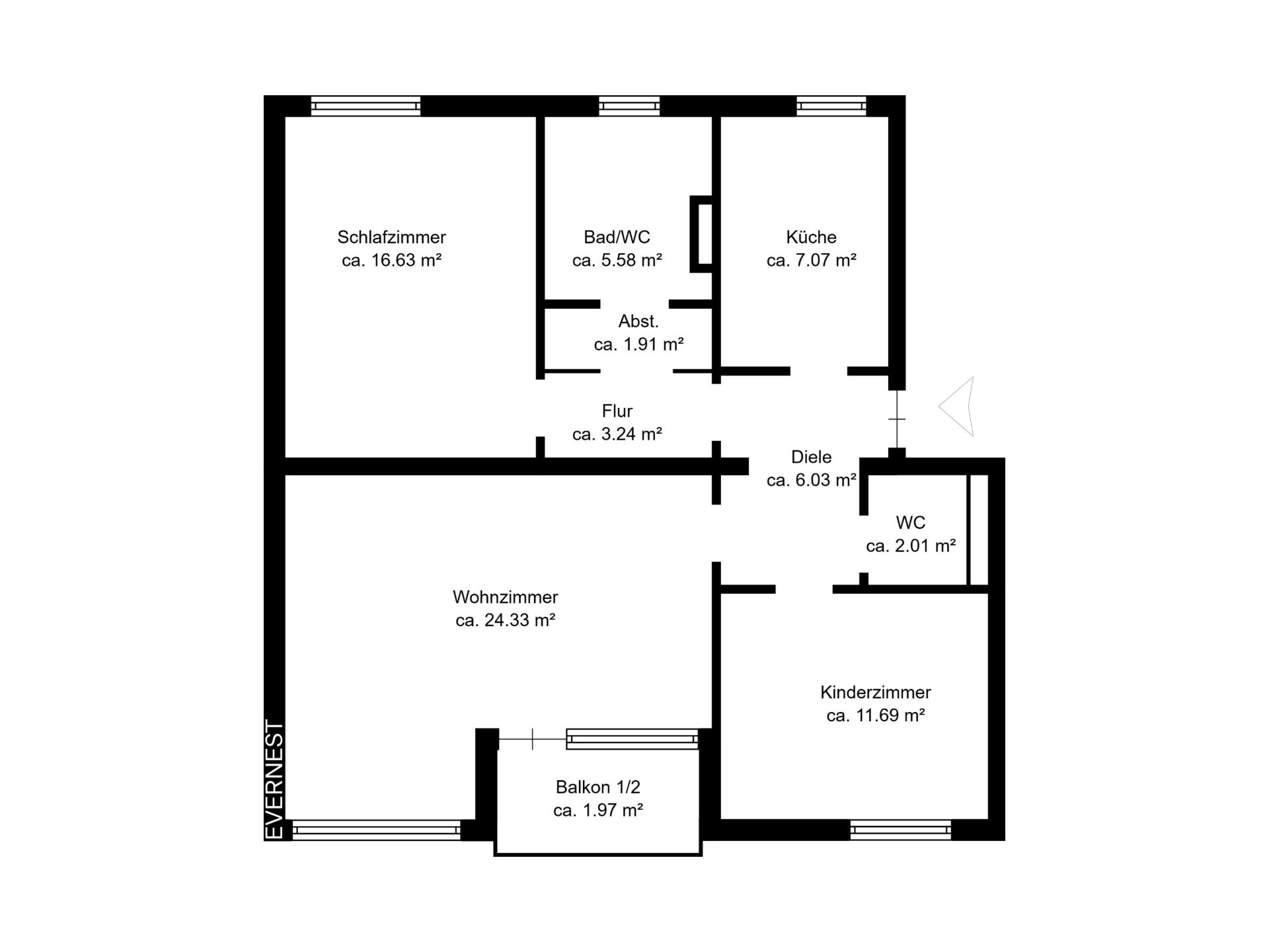 Grundriss einer Wohnung mit Schlafzimmer, Wohnzimmer, Kinderzimmer, Küche, Bad und Balkon.