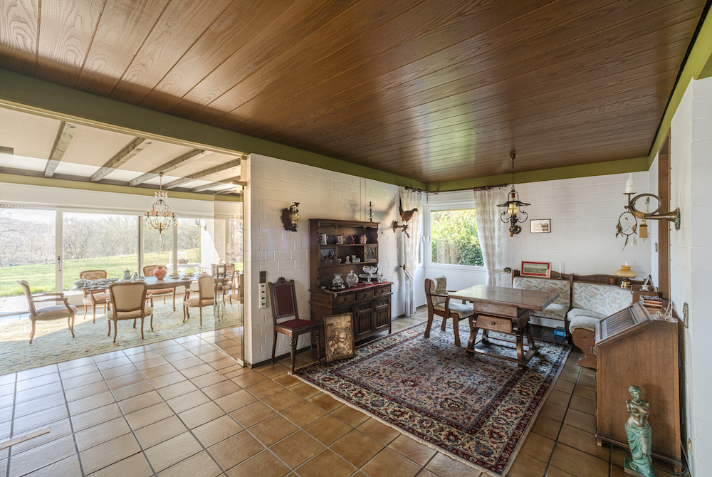 Wohnzimmer mit Holzboden, Teppich, antiken Möbeln und Blick in ein helles Esszimmer mit großen Fenstern.