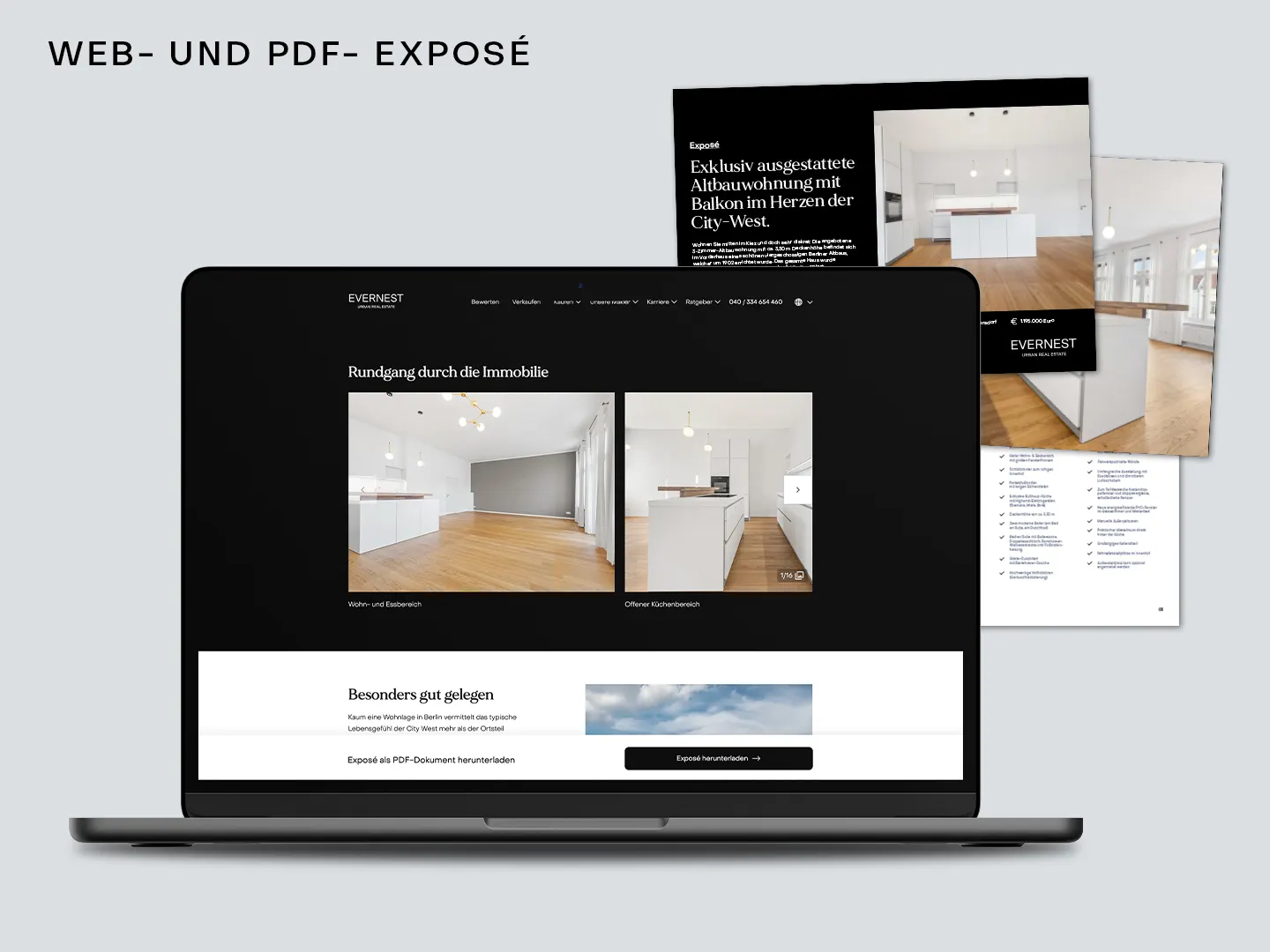 Laptop mit Immobilienexposé auf dem Bildschirm und ausgedrucktem Exposé im Hintergrund.