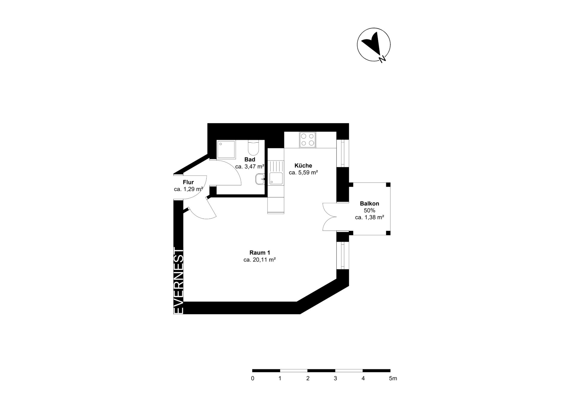 Grundriss einer Wohnung mit einem Raum, Küche, Bad, Flur und Balkon.