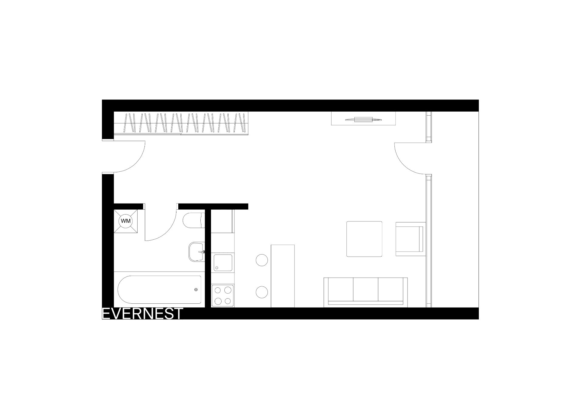 Grundriss einer Wohnung mit Bad, Küche, Wohnbereich und Einbauschränken.