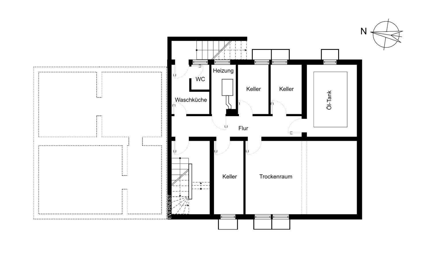 Grundriss eines Kellers mit mehreren Räumen, u.a. Waschküche, Trockenraum und Heizungsraum.