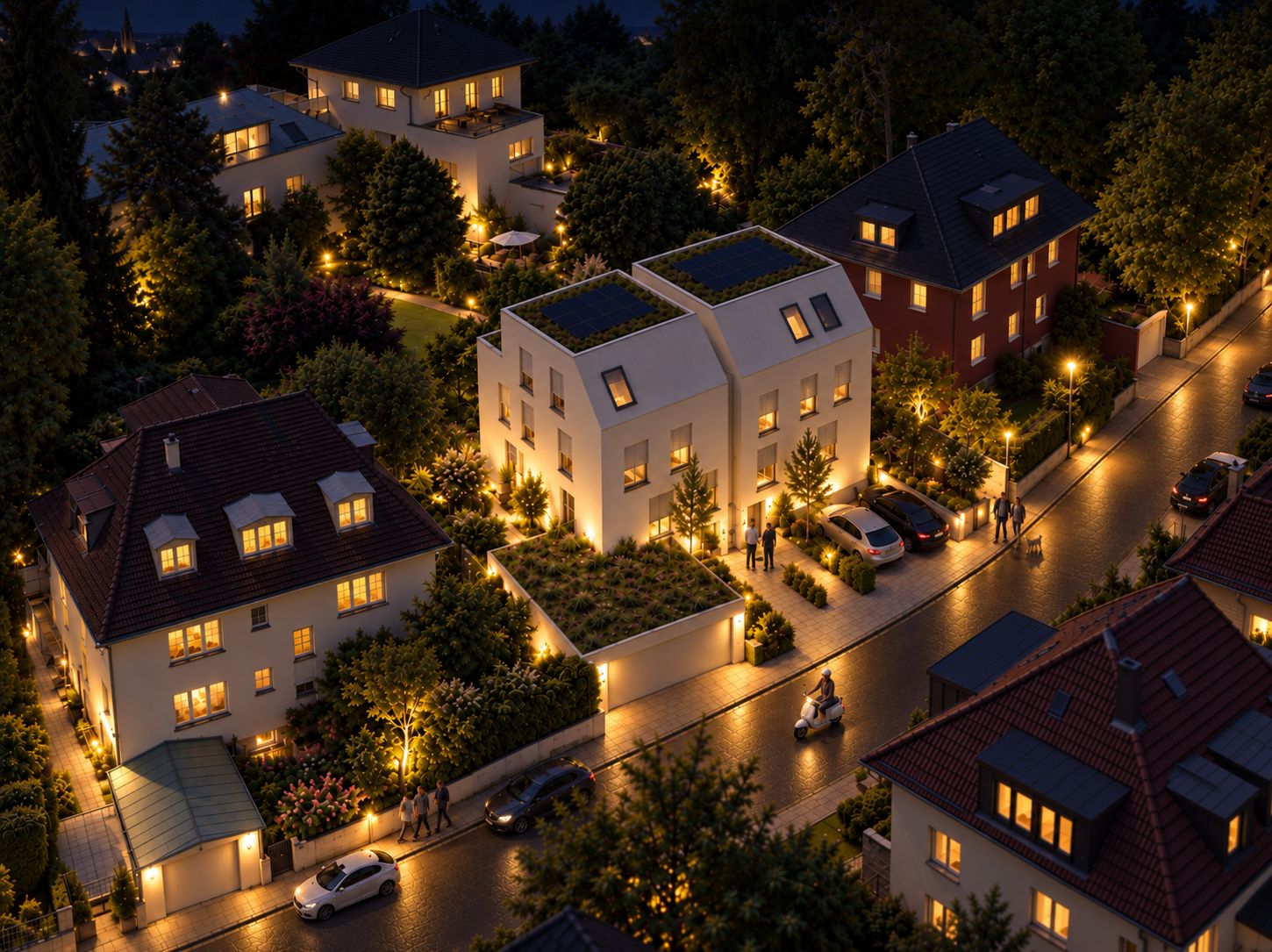 Mehrere beleuchtete Wohnhäuser in einer ruhigen, grünen Nachbarschaft am Abend.