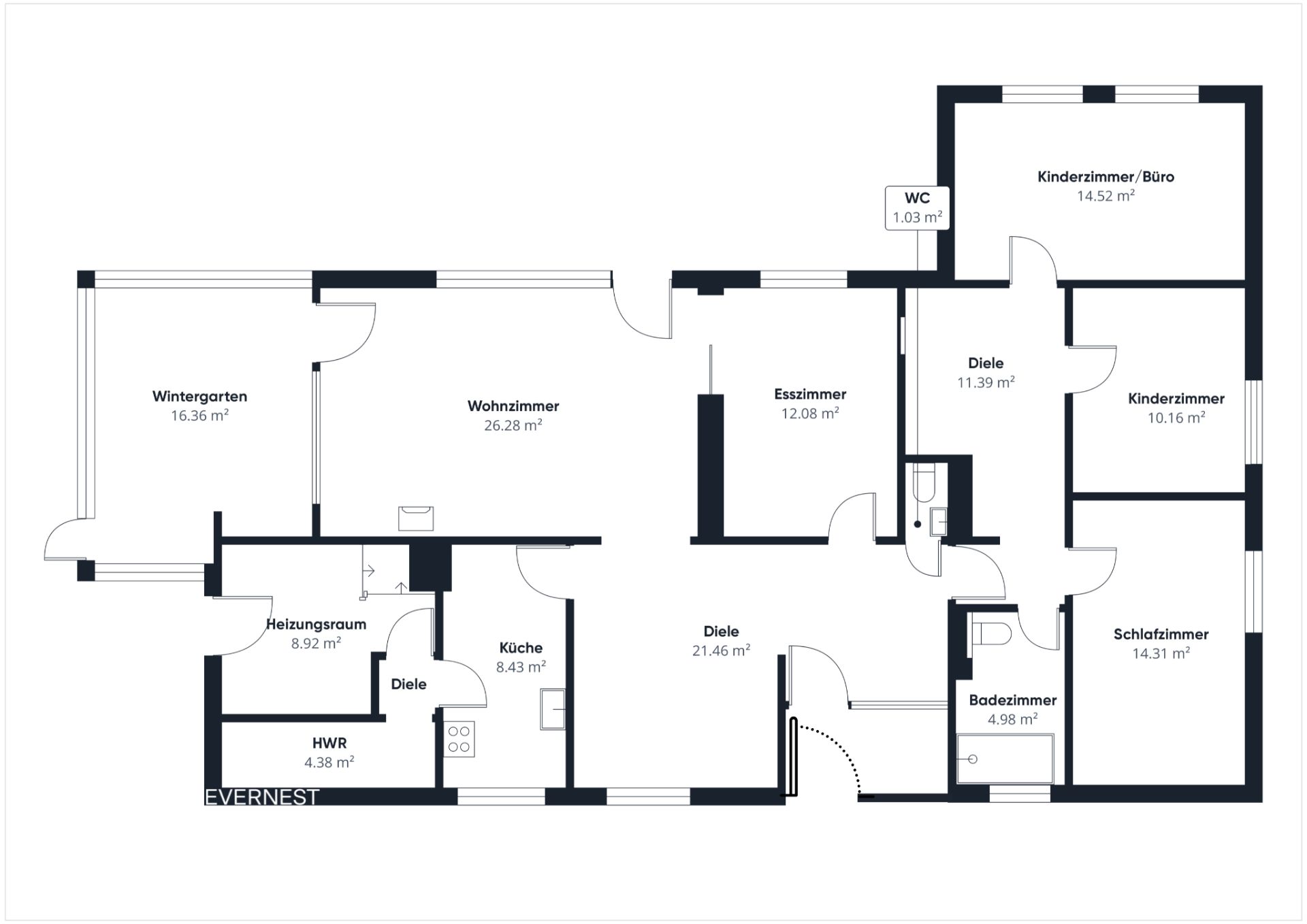 Grundriss einer Wohnung mit Wintergarten, Wohnzimmer, Küche, Schlafzimmer und mehreren weiteren Zimmern.