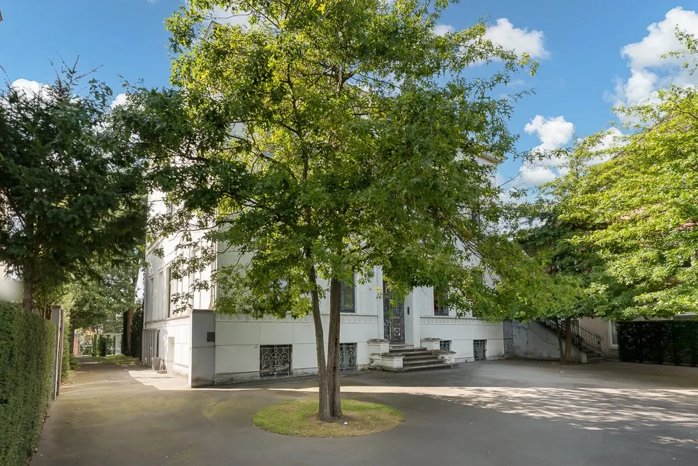 Vor einem weißen Wohnhaus steht ein großer Baum auf einer gepflasterten Hoffläche.