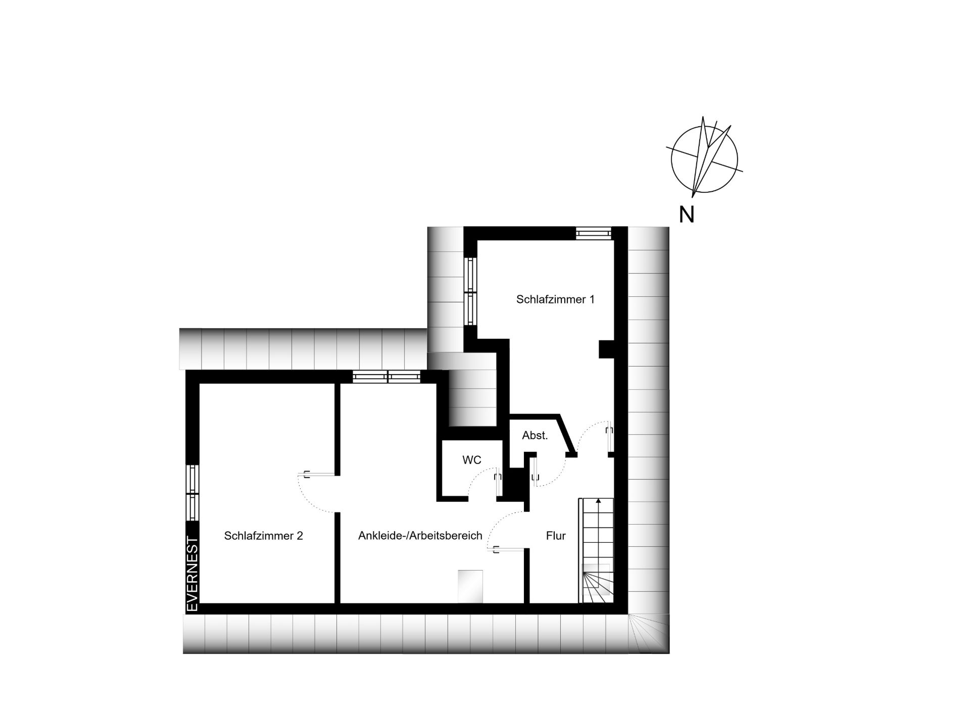 Grundriss mit zwei Schlafzimmern, Ankleide-/Arbeitsbereich, WC, Abstellraum und Flur.