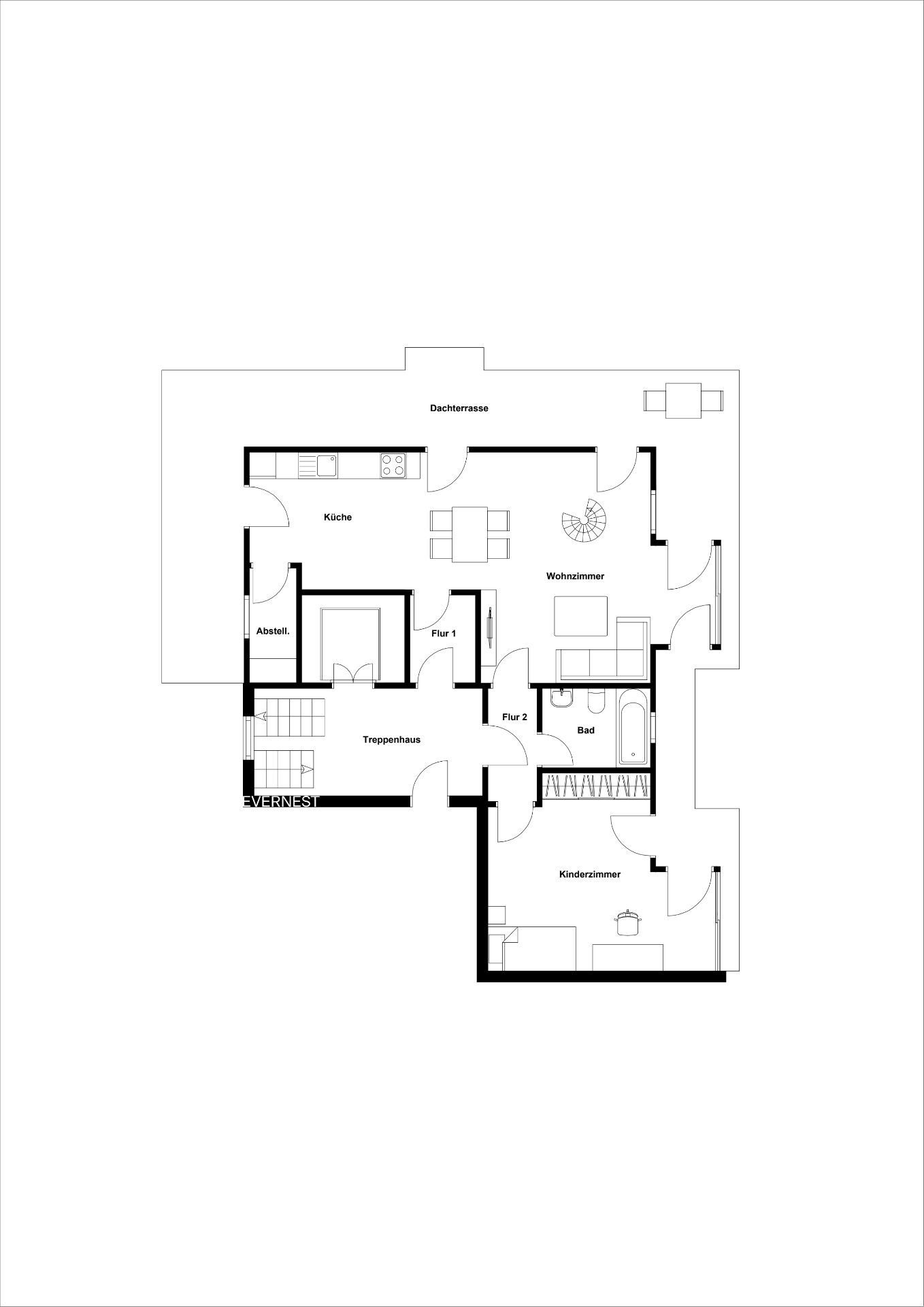 Grundriss einer Wohnung mit Küche, Wohnzimmer, Bad, Kinderzimmer und Dachterrasse.
