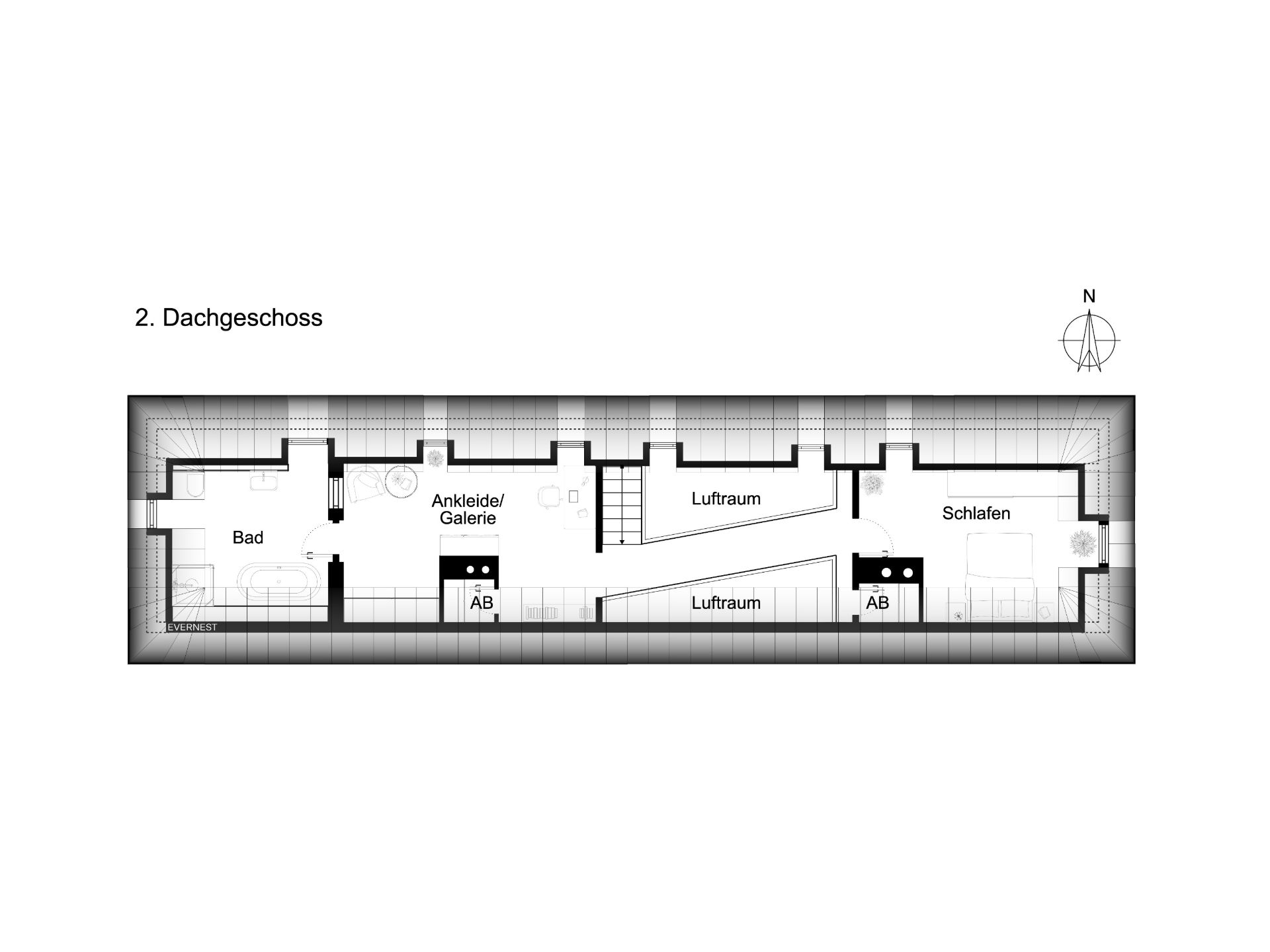 Grundriss des zweiten Dachgeschosses mit Bad, Ankleide, Lufträumen und Schlafzimmer.