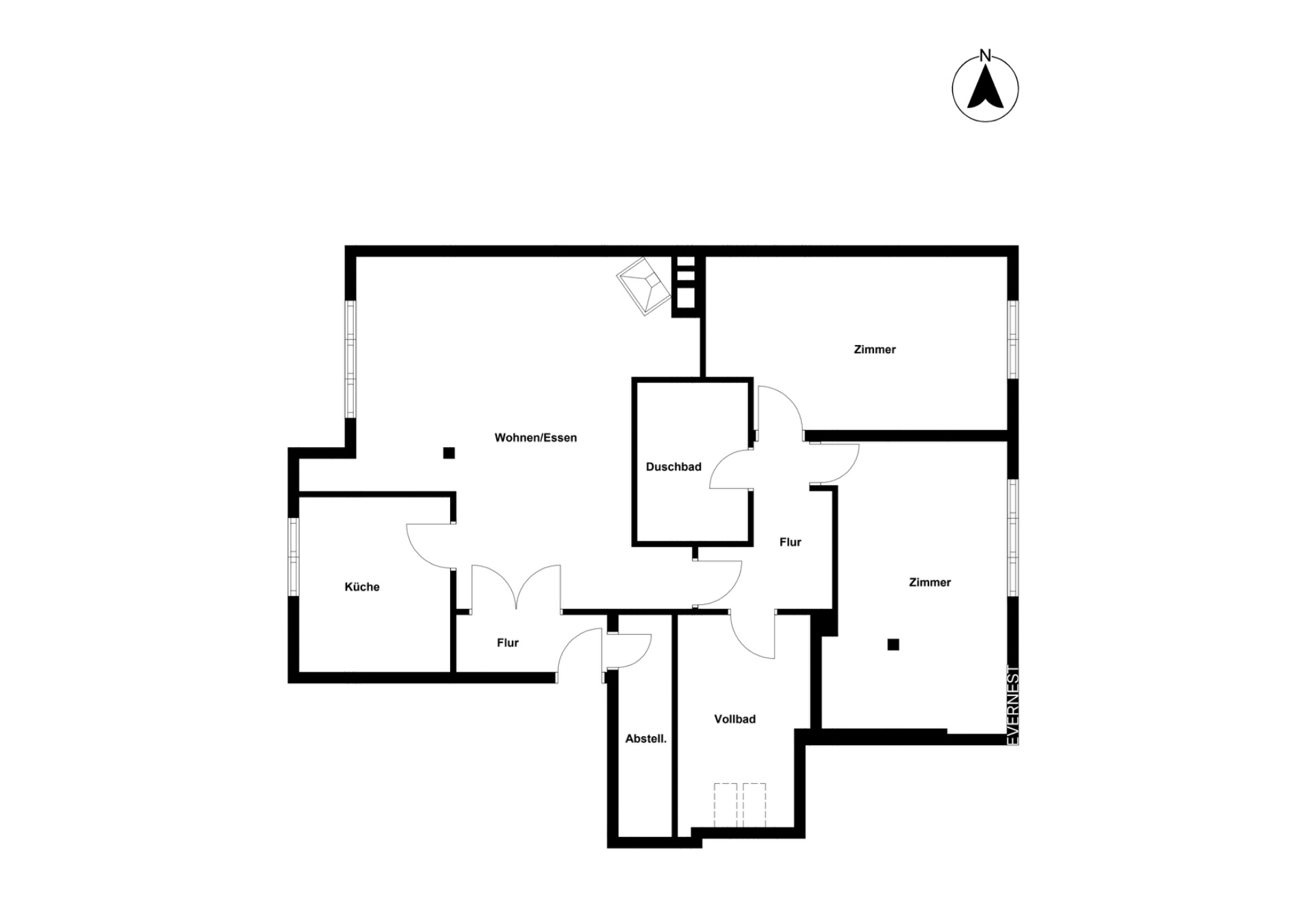 Grundriss mit zwei Zimmern, Wohnzimmer, Küche, Vollbad, Duschbad und Abstellraum.