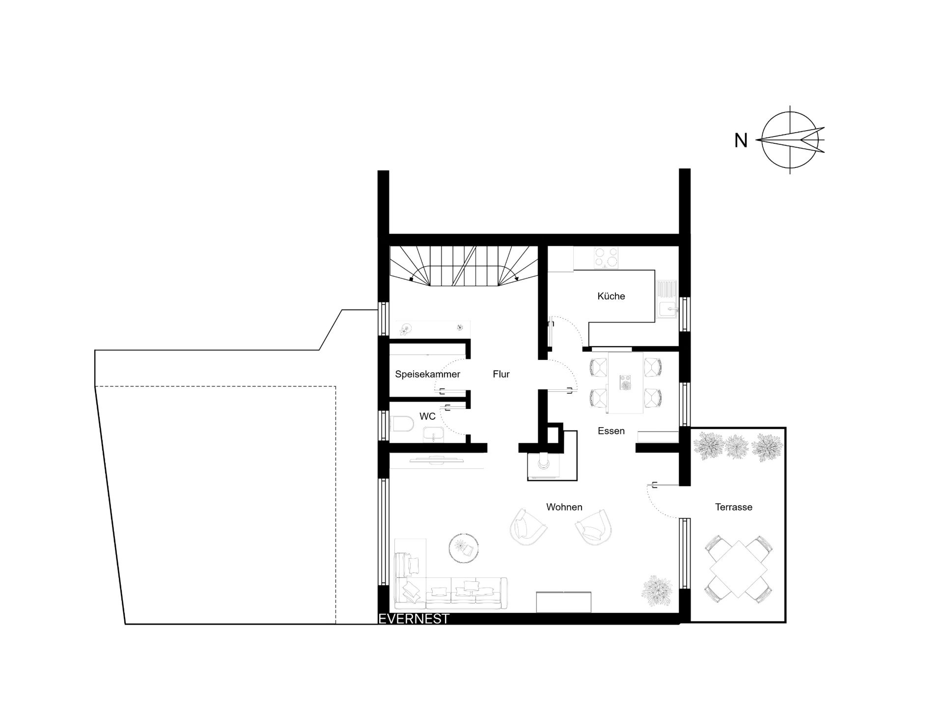 Grundriss eines Wohnhauses mit Küche, Wohnzimmer, Essbereich, WC und Terrasse.