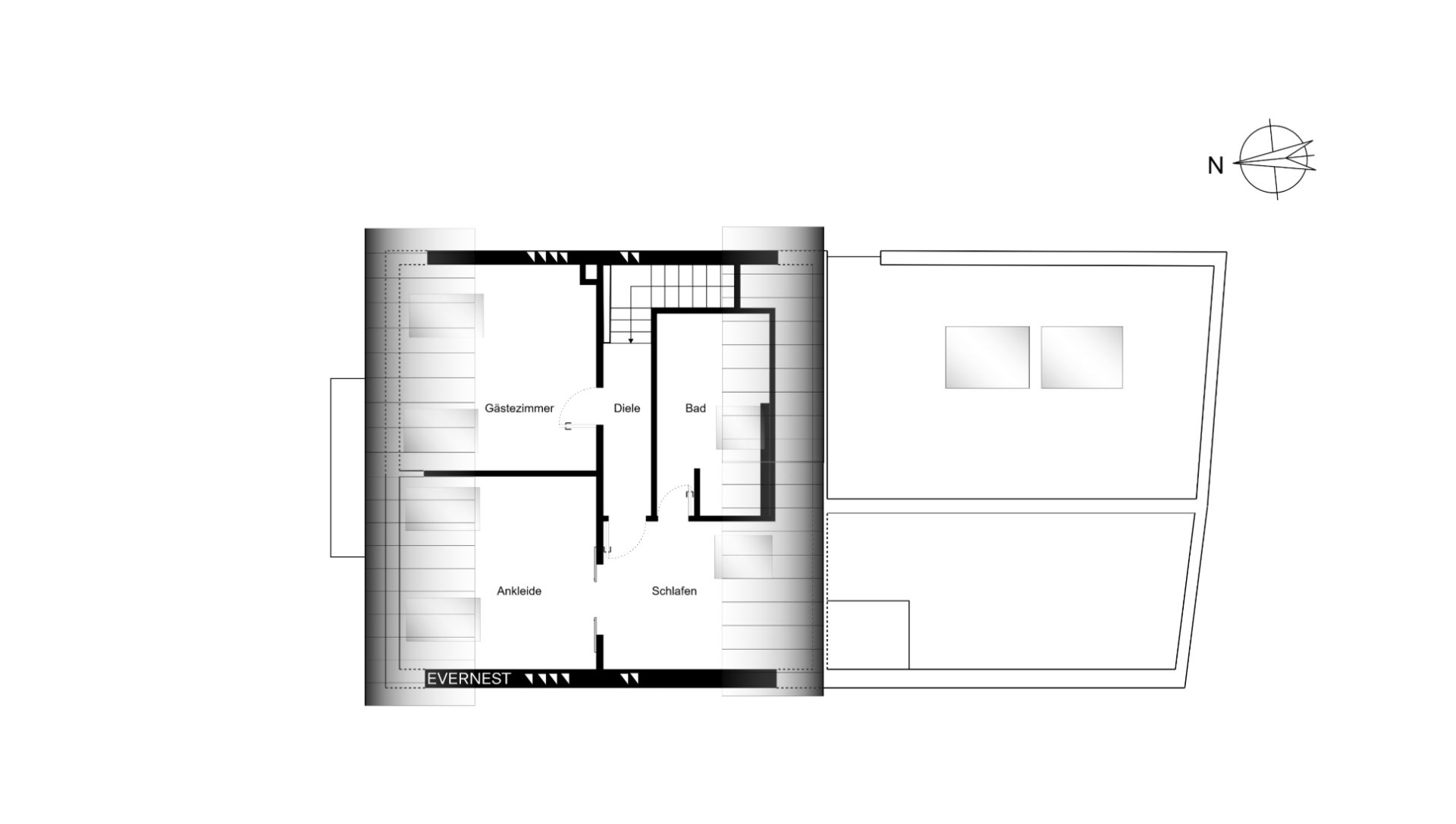 Grundriss mit Schlafzimmer, Gästezimmer, Ankleide, Bad und Diele in einer Wohnung.