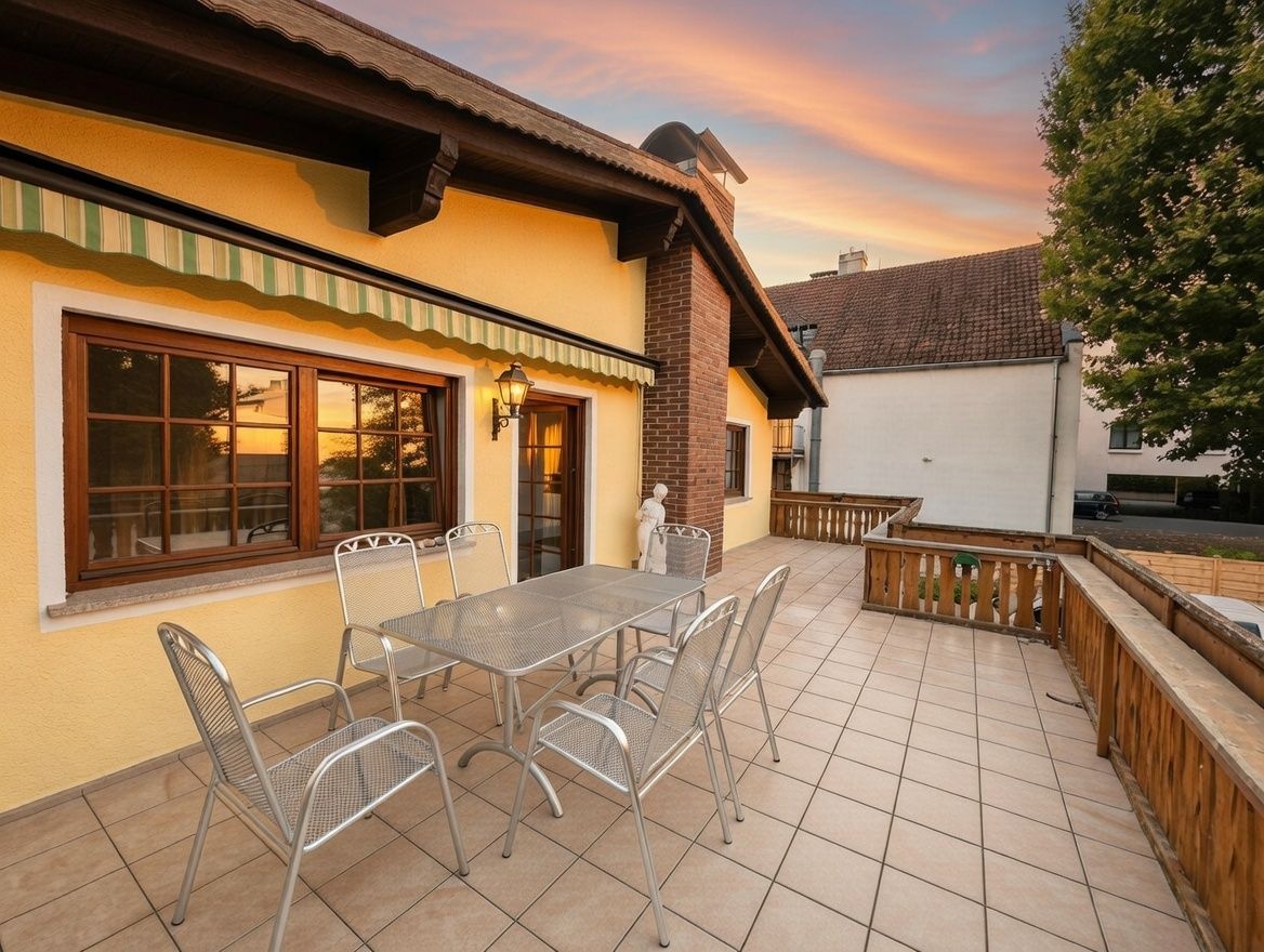 Große Terrasse mit sechs Metallstühlen, Tisch und Markise an gelbem Haus bei Sonnenuntergang.