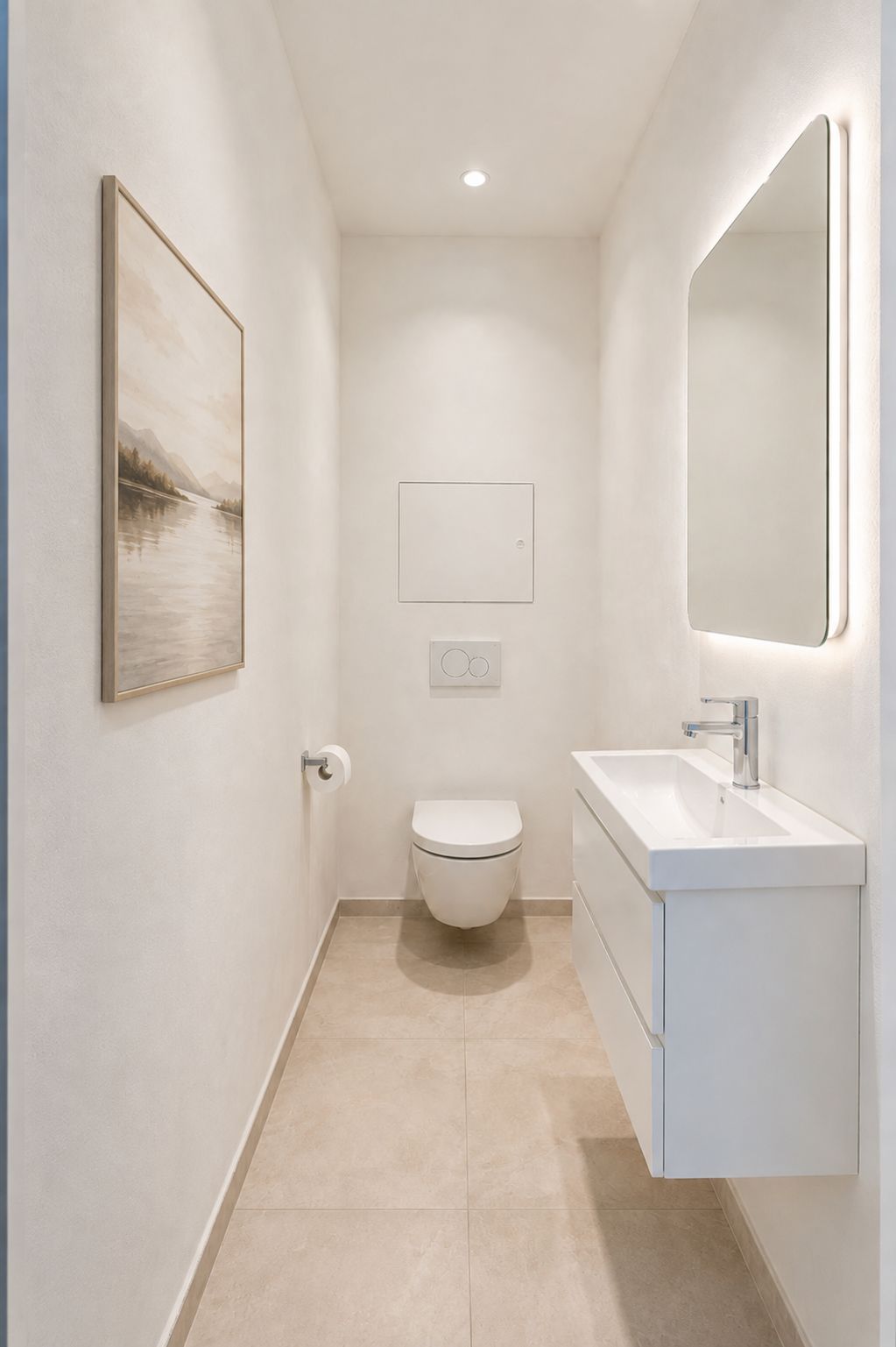 Helles, schmales Badezimmer mit Wandtoilette, Waschbecken, Spiegel und Bild an der Wand.
