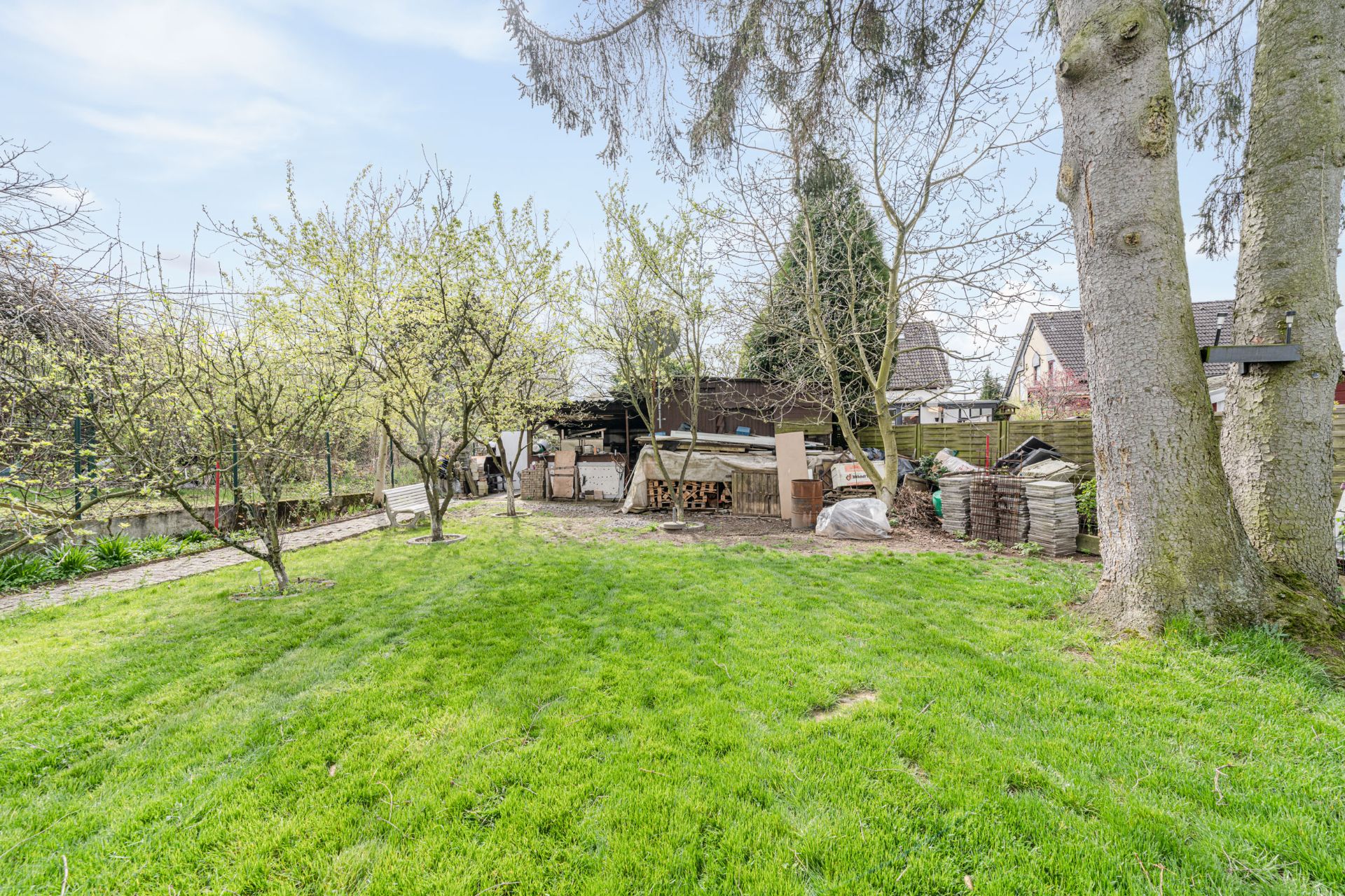 Grüner Garten mit Bäumen, Rasen, Holzstapel und Gartenschuppen im Hintergrund.