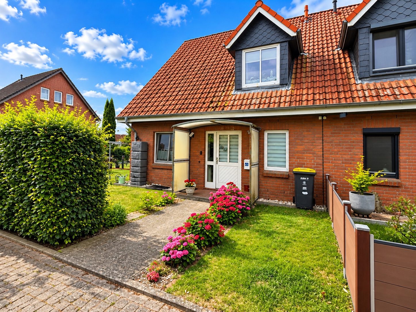 Eingang eines Hauses mit rotem Dach, Blumenbeeten und grünem Vorgarten.