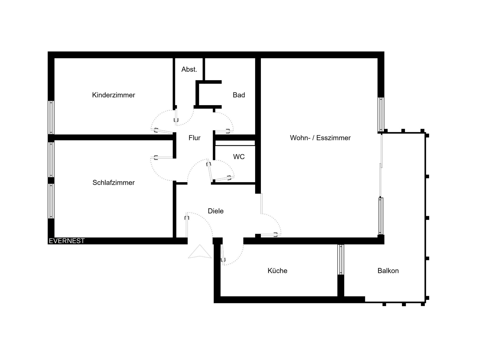 Grundriss einer Wohnung mit Schlafzimmer, Kinderzimmer, Küche, Bad, WC, Wohn-/Esszimmer und Balkon.