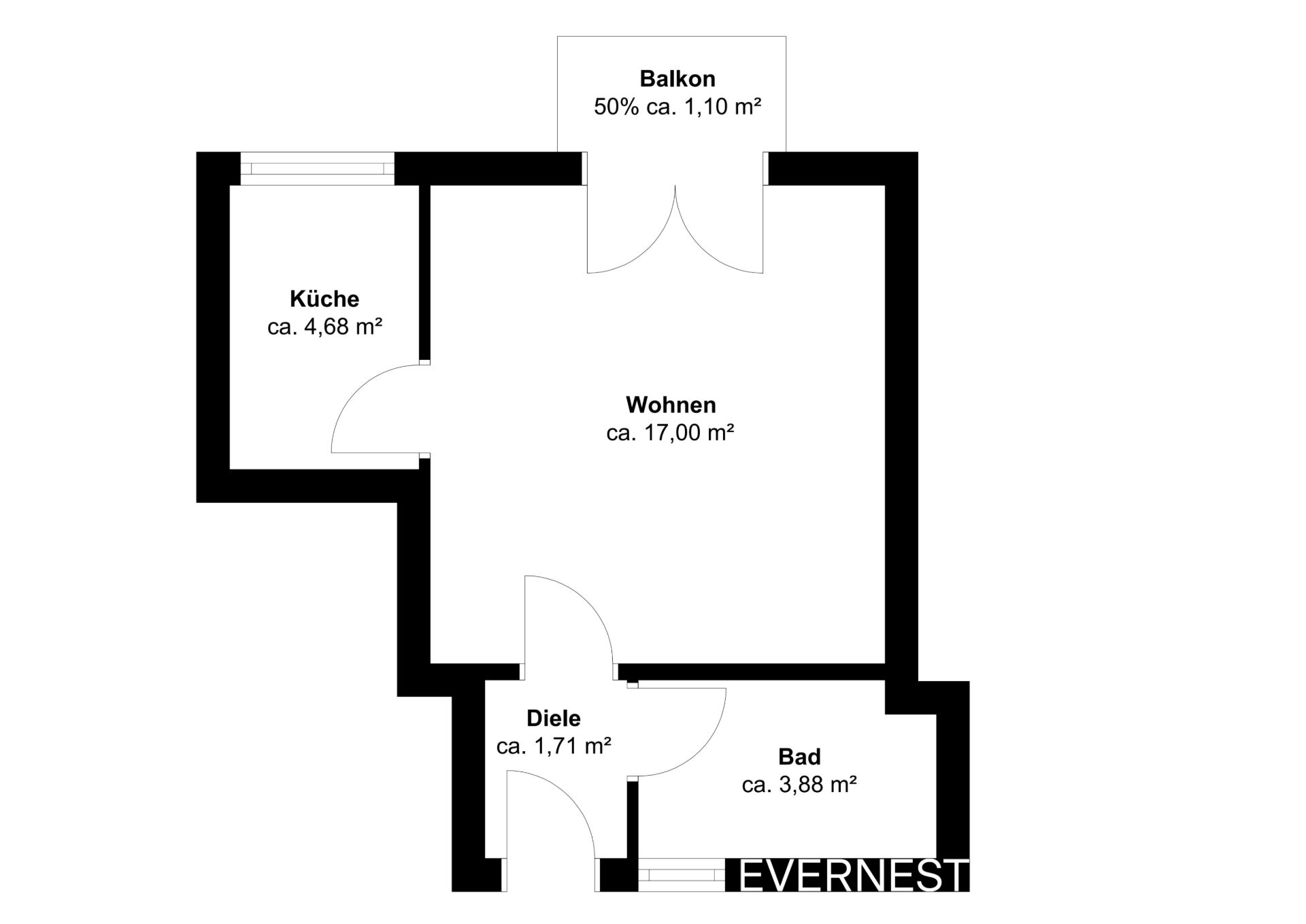 Grundriss mit Wohnraum, Küche, Bad, Flur und Balkon, alle mit Flächenangaben.