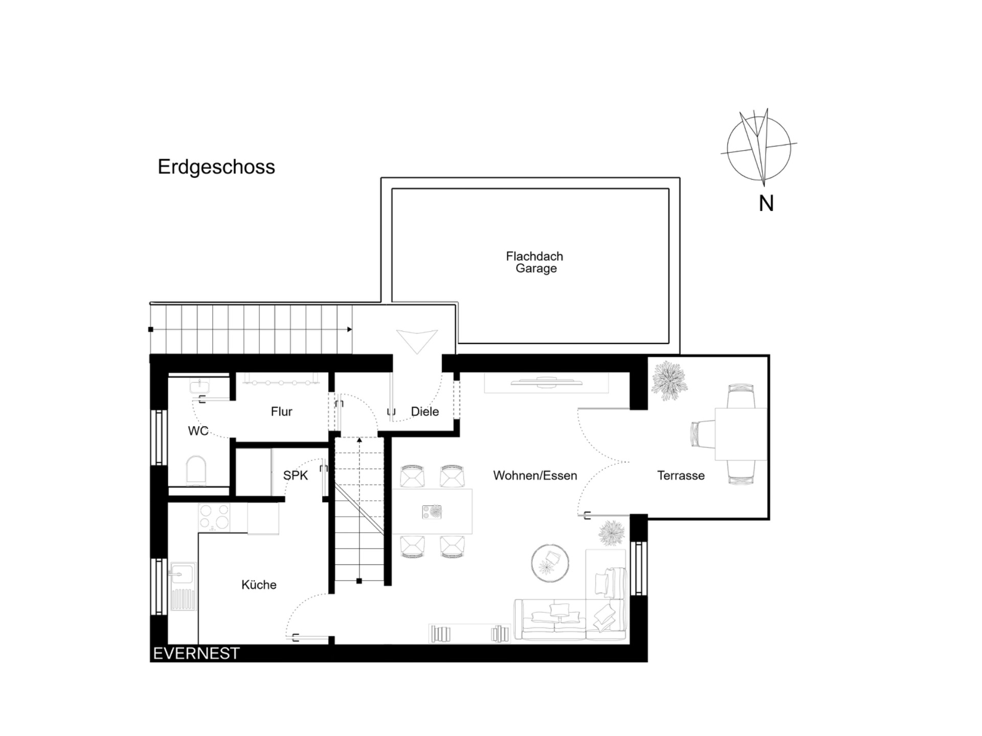 Grundriss des Erdgeschosses mit Küche, Wohnzimmer, WC, Flur, Terrasse und Garage.