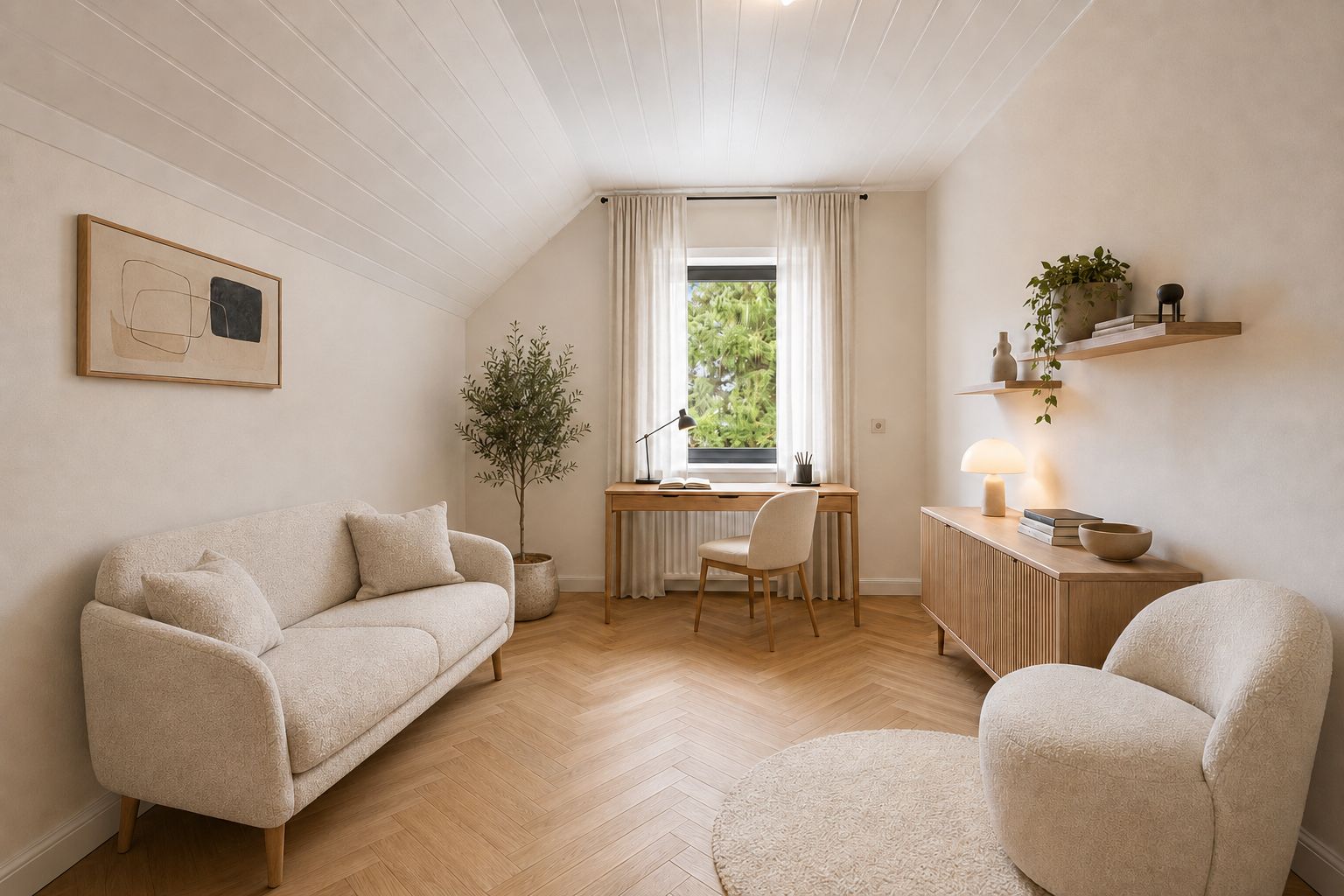 Helles Wohnzimmer mit Sofa, Sessel, Schreibtisch am Fenster und Holzkommode.
