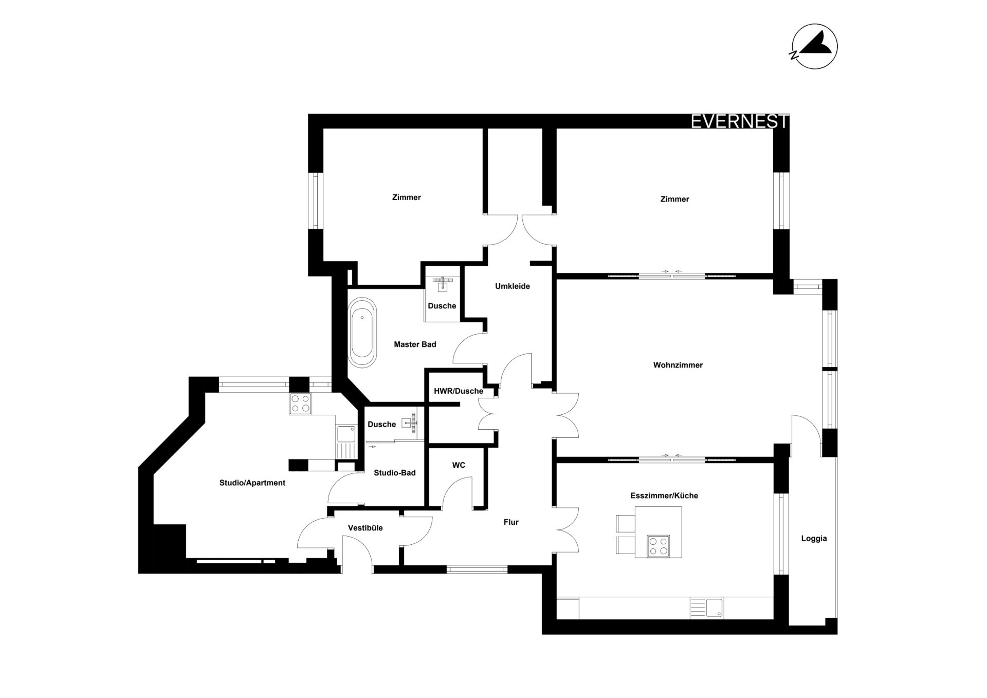 Grundriss einer Wohnung mit Wohnzimmer, zwei Zimmern, Küche, Bädern und Studio-Apartment.