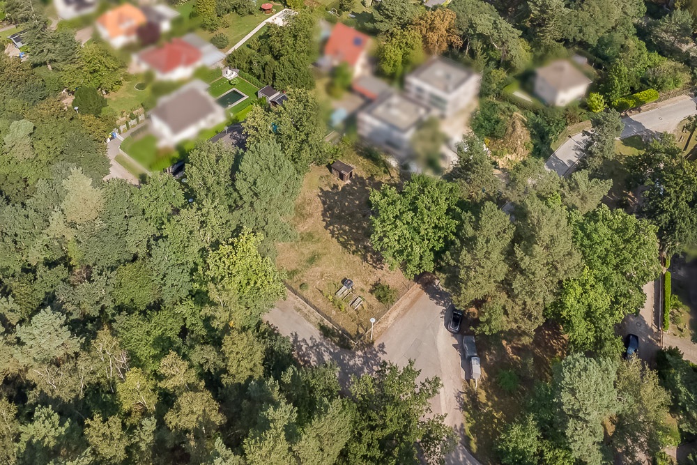 Luftaufnahme eines Grundstücks mit Bäumen, Straße und geparkten Autos in einem Wohngebiet.