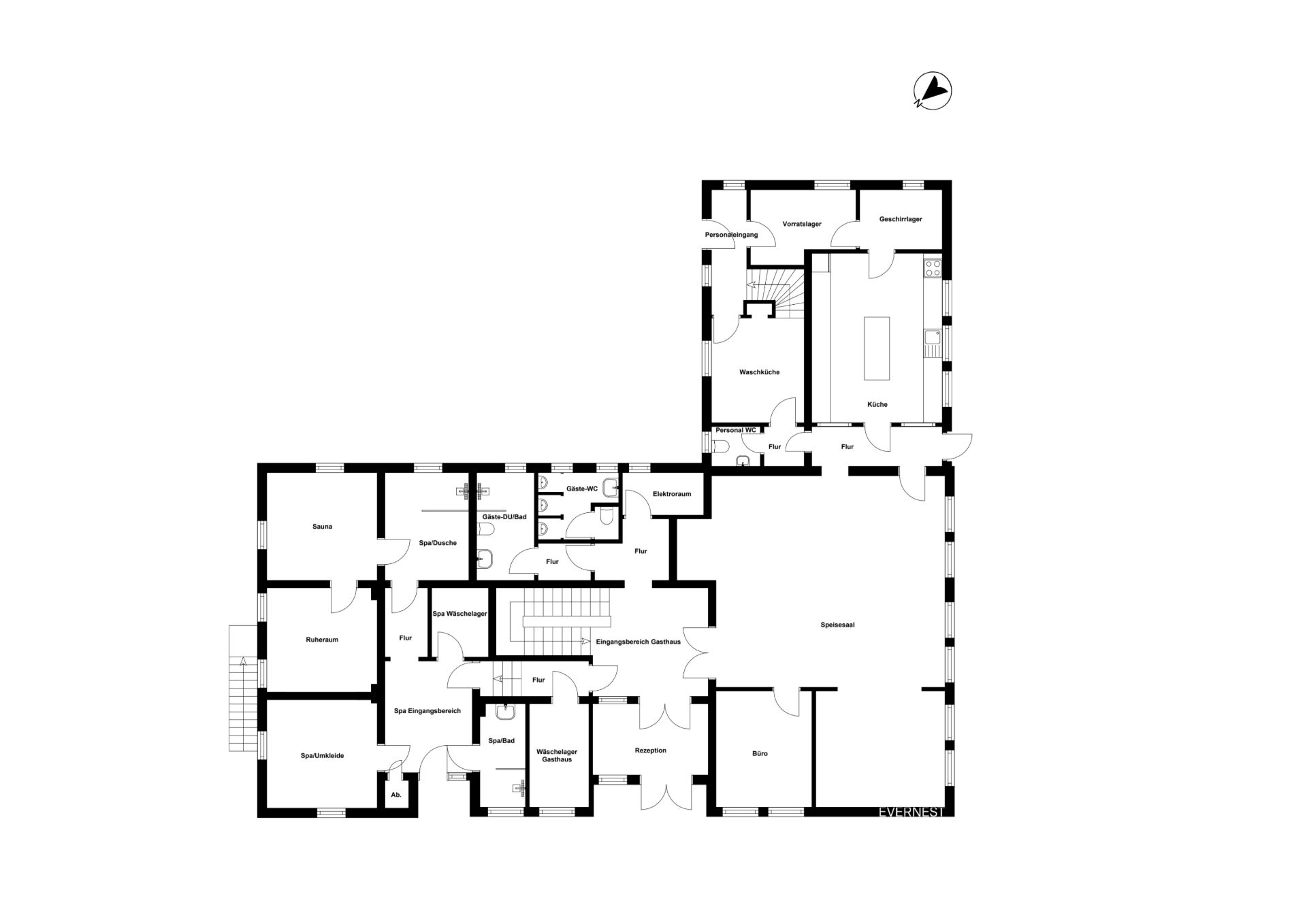 Grundriss einer Wohnimmobilie mit mehreren Zimmern, Küche und großem Wohnzimmer.