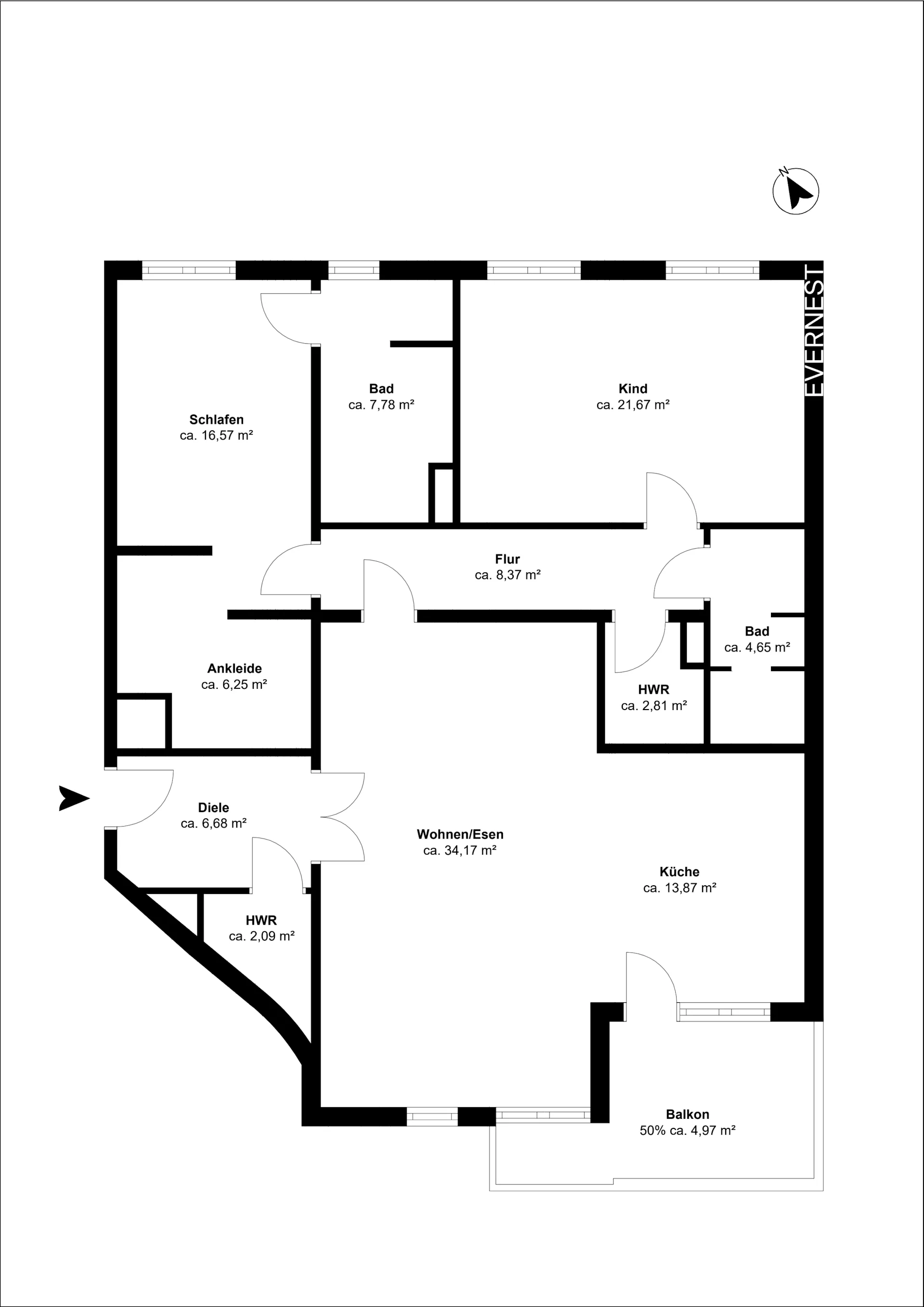 Grundriss einer Wohnung mit Schlafzimmer, Kinderzimmer, Wohnzimmer, Küche, Bädern und Balkon.