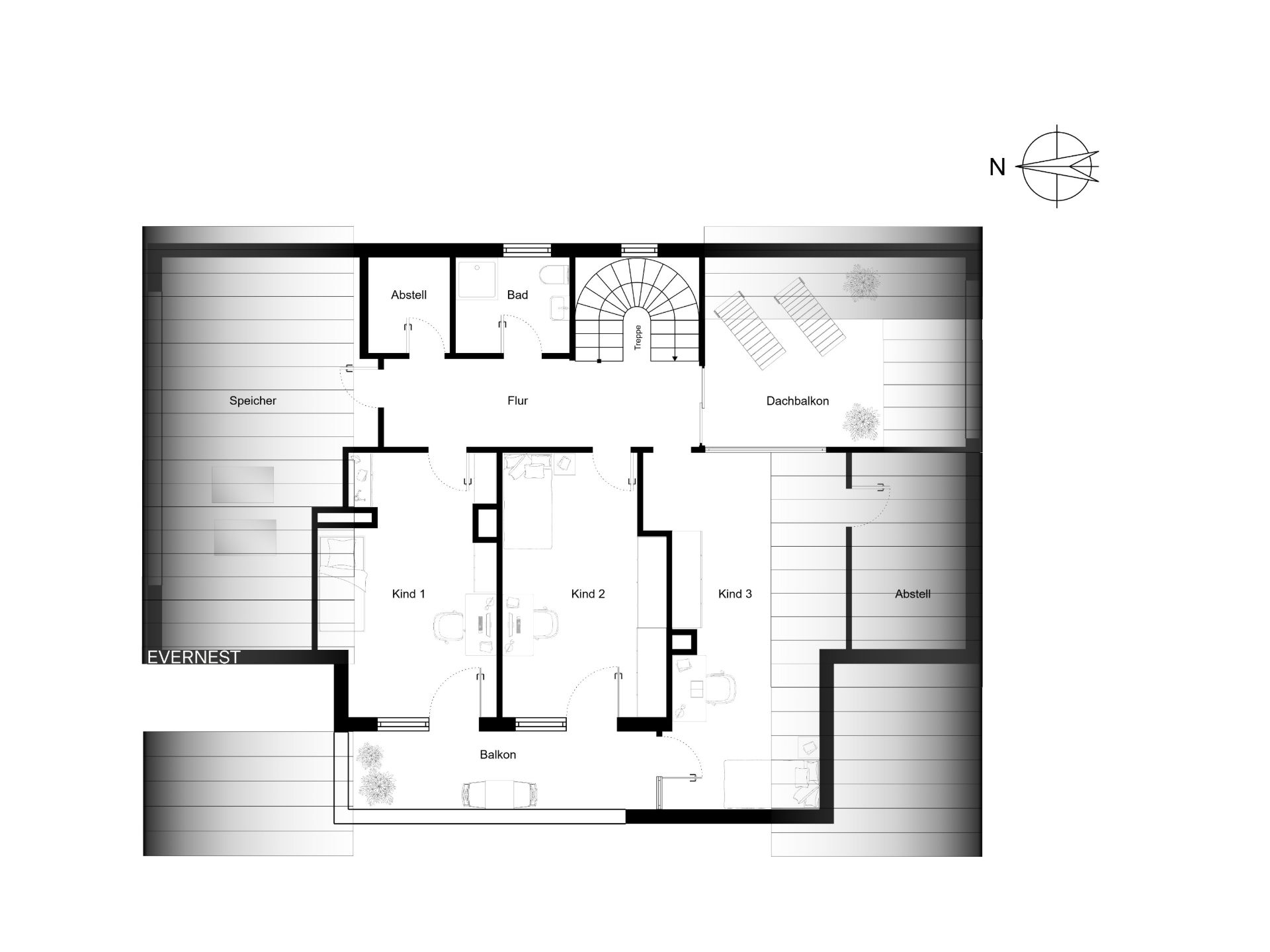 Grundriss mit drei Kinderzimmern, Bad, Flur, Abstellräumen, Balkon und Dachbalkon.