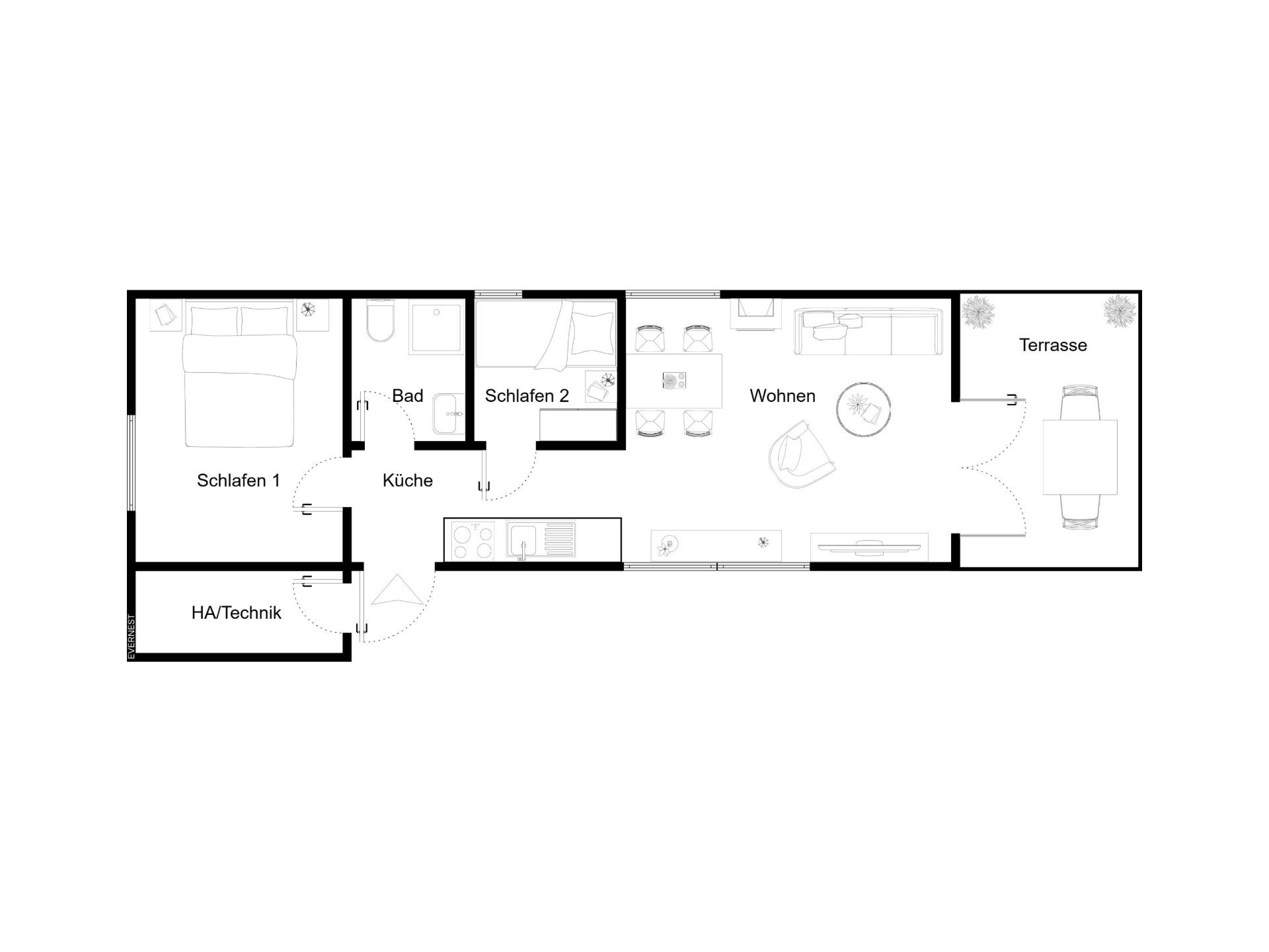 Grundriss einer Wohnung mit zwei Schlafzimmern, Bad, Küche, Wohnzimmer und Terrasse.