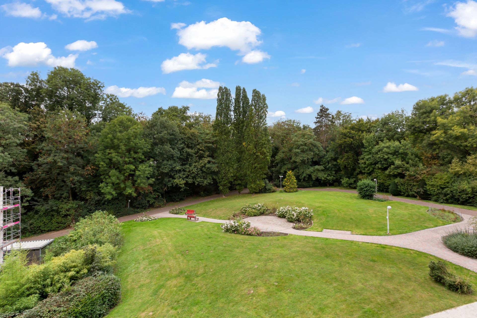 Grüner Garten mit Rasenflächen, Wegen, Büschen und Bäumen an einem Waldrand.