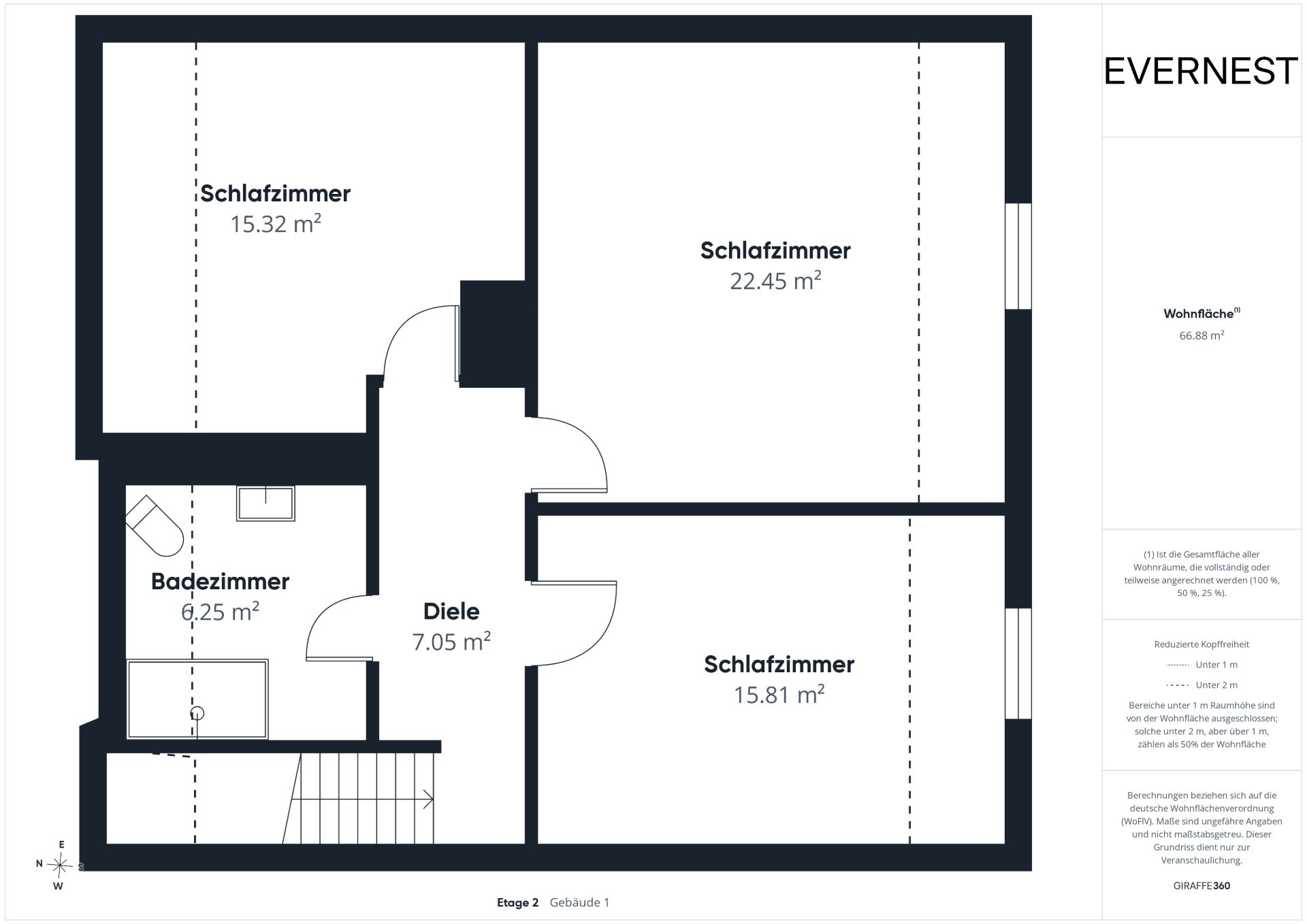 Grundriss mit drei Schlafzimmern, einem Badezimmer und einer Diele.
