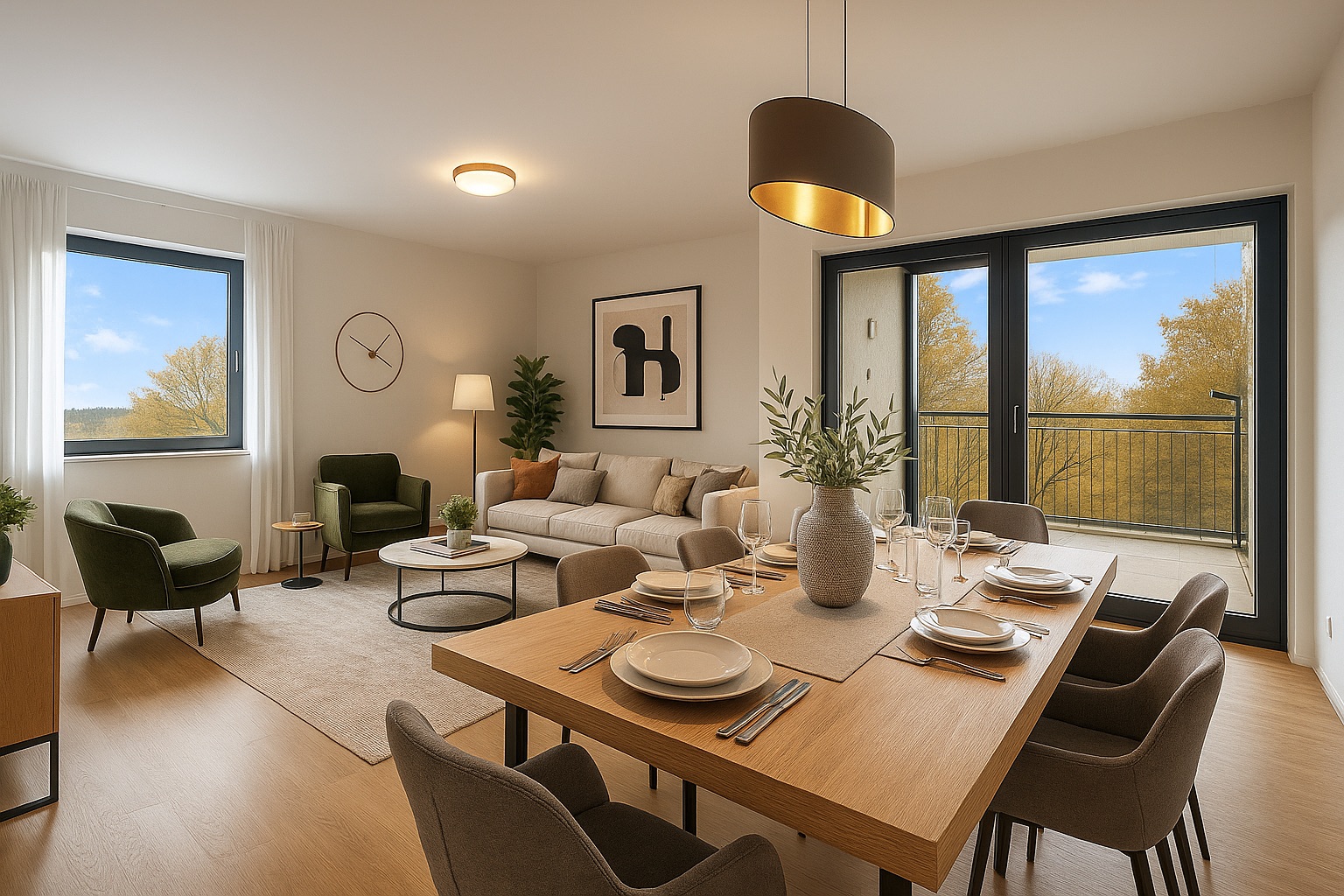 Modernes Wohnzimmer mit Essbereich, großen Fenstern und Blick auf Bäume.