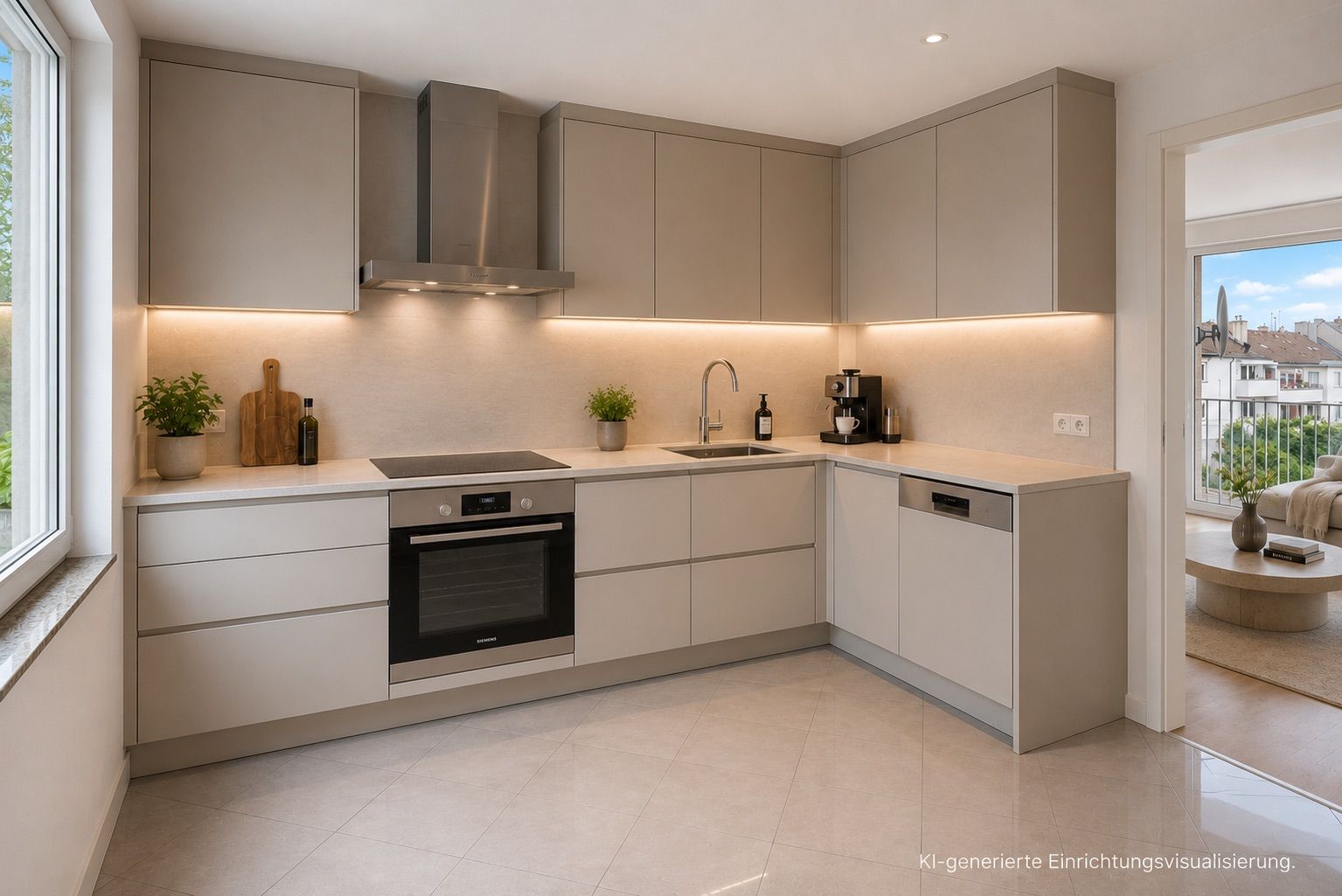 Moderne, helle Einbauküche mit grauen Schränken, Ofen, Spüle und Fenster.